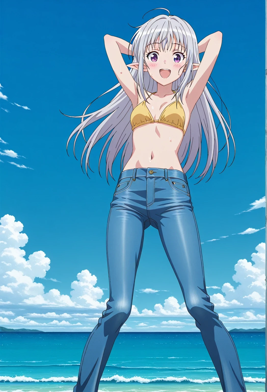 score_9, score_8_up, score_7_up, source_anime, highres, hi res, ((best quality, top quality, perfect quality, Highest Quality, amazing quality)), {{masterpiece}}, {{an extremely delicate and beautiful}}, 2d, intricate details, official style, anime, 8k, anime style, official_anime, official art, digital painting, cell shading, soft shading, high resolution, soothing tones, Subdued Color, Soft cinematic light, adobe lightroom, photolab, HDR, intricately and hyper-detailed, ((high quality animation)), 1 girl, Alone, solo, ((ocean)), tsunami, on the water, day, sunny, outdoors, sky, windy, mariabelle, long hair, purple eyes, white hair, grey hair, pointy ears, elf, anime screencap, small breasts, yellow bikini top, best quality, hyper-detailed jeans, ((blue jeans:1.9)), (dark blue jeans:0.6), full medium body, medium shot, Open mouth, smiling, happy face, blush, sweat, standing, ((arms behind head:6.0)), bowlegged, jumping pose, action, looking at viewer, spread legs, Bend knees slightly, straight-on front view