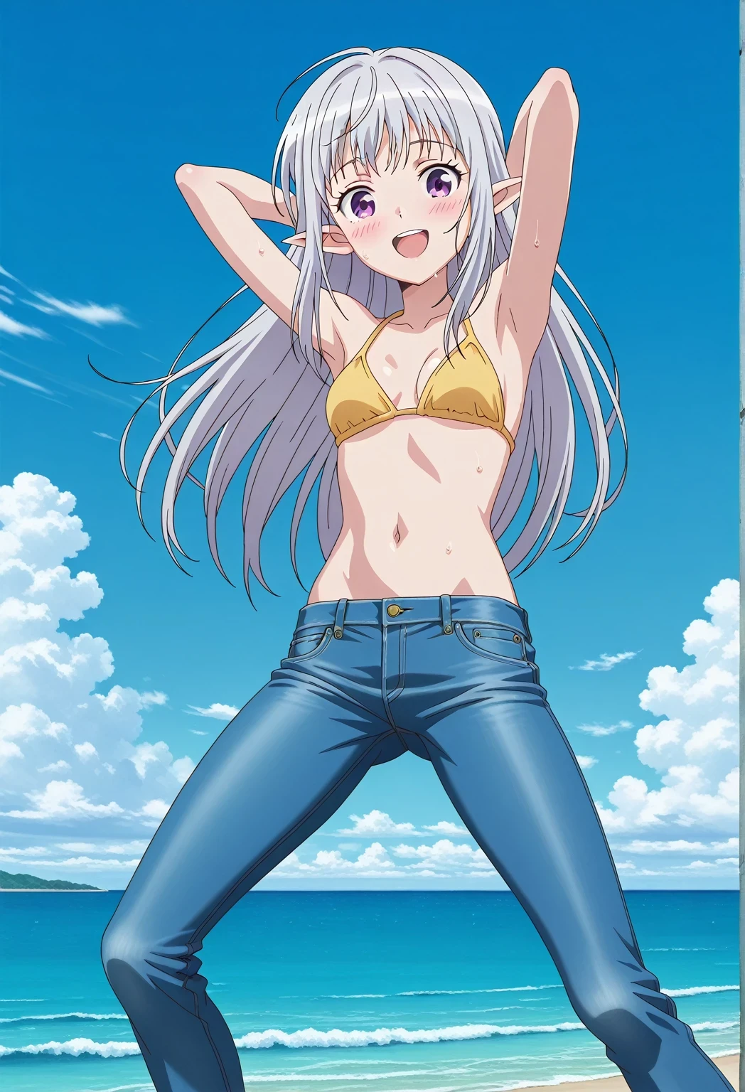 score_9, score_8_up, score_7_up, source_anime, highres, hi res, ((best quality, top quality, perfect quality, Highest Quality, amazing quality)), {{masterpiece}}, {{an extremely delicate and beautiful}}, 2d, intricate details, official style, anime, 8k, anime style, official_anime, official art, digital painting, cell shading, soft shading, high resolution, soothing tones, Subdued Color, Soft cinematic light, adobe lightroom, photolab, HDR, intricately and hyper-detailed, ((high quality animation)), 1 girl, Alone, solo, ((ocean)), tsunami, on the water, day, sunny, outdoors, sky, windy, mariabelle, long hair, purple eyes, white hair, grey hair, pointy ears, elf, anime screencap, small breasts, yellow bikini top, best quality, hyper-detailed jeans, ((blue jeans:1.9)), (dark blue jeans:0.6), full medium body, medium shot, Open mouth, smiling, happy face, blush, sweat, standing, ((arms behind head:6.0)), bowlegged, jumping pose, action, looking at viewer, spread legs, Bend knees slightly, straight-on front view