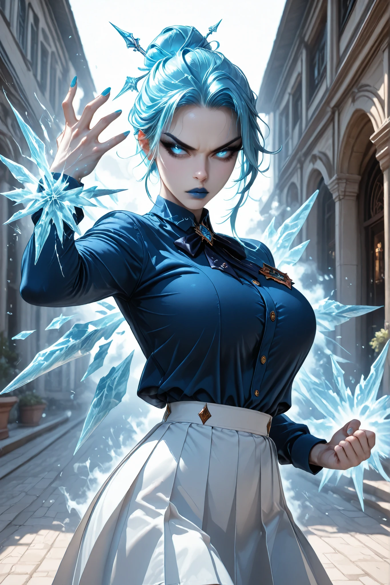 CoolgirlHDR, UHD, masterpiece, anatomically correct, super detail, best quality, high-res, 16k, solo, 1girl, long made of ice hair bun, long forelock, ice hair decoration, icy blue eyes, long eyelashes, blue cat eyeliner, royal blue lipstick, blue fingernails, slender hips, pale skin, Slender body, big breasts, refined pose, school uniform blue blouse, school white uniform skirt, red badge on chest, serious face, breathing hot air, courtyard white school building background, battle stance, ice weapons from hands