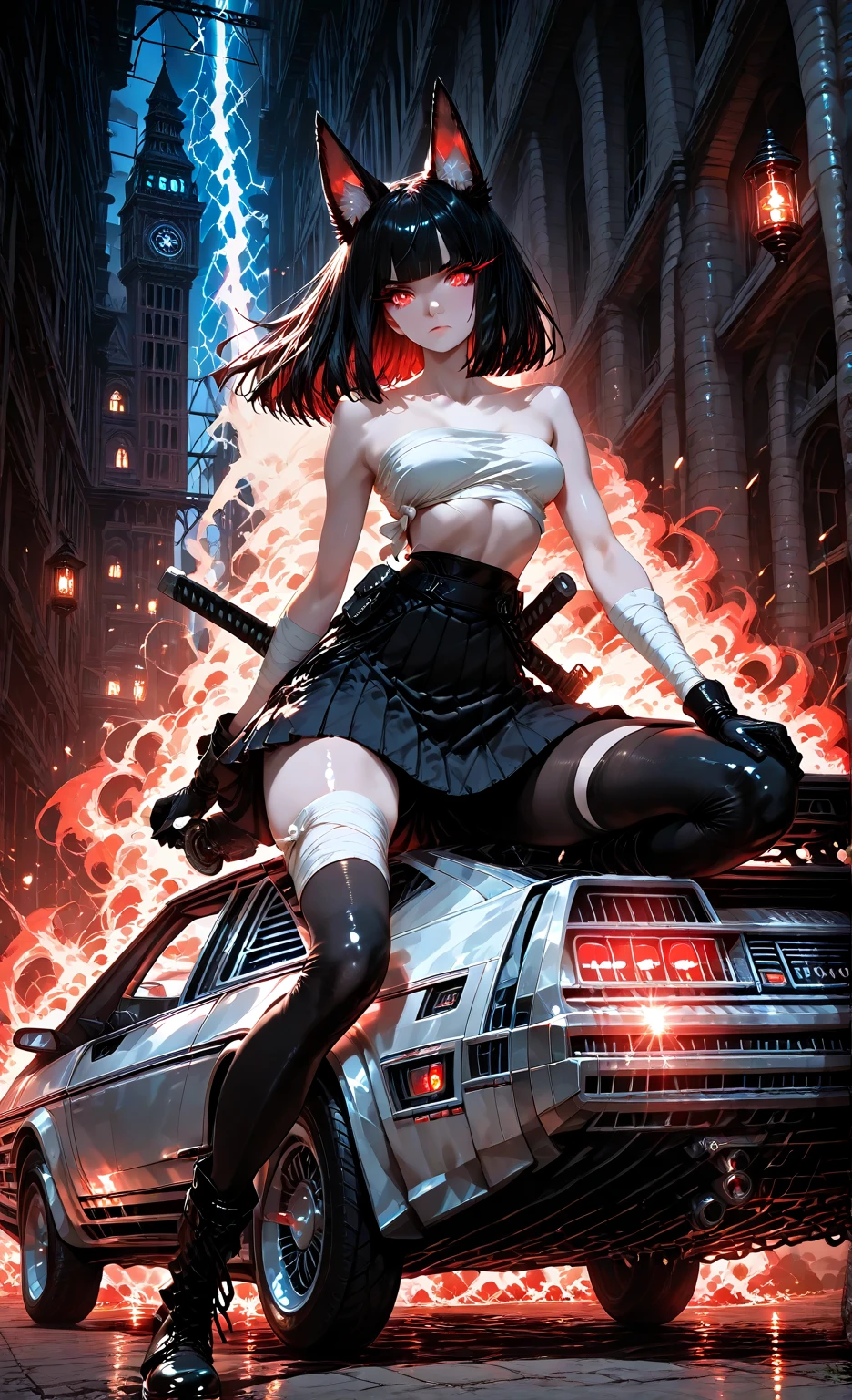 masterpiece, 8k, Highest Quality, detail, high resolution, Digital Painting, anime style portrait, vertical 9:16 composition, ultra-cute kawaii overload, , fluffy fox_ears twitching with pink fluff/sparkles, big sparkling red_eyes with heart highlights (highly detailed eyes:1.4), glossy dewy eyes, long_wavy_black_hair with curls/shine, blunt_bangs, pale skin with rosy puffed cheeks (smooth shiny skin:1.3), (shapely petite figure:1.2), frilly white blouse/oversized pink bow, short pleated navy skirt, thigh-high lace socks, mary janes, heart bag, bashful-to-joyful expression with toothy grin/tiny fang, heavy blush, fidgeting hands, chibi proportions. New Sea Makoto style: cherry blossom avenue at dawn, swirling pink petals in breeze, sunlight rays/rainbow sparkles, glowing school, dreamy god rays/light motes. 10s animation: 0-3s bashful pause, hands brush ear-hair up in fluff-mo, ears perk/shake, eyes widen to heart-sparkle, giggle curve; 3-7s bouncy skip-walk, skirt spin/hair waves/petal tangle, ears flop, bag swing/wink; 7-10s mini-jump to gate, arms hug-pose, heart petal vortex, ecstatic laugh freeze, pink fade. Fluid motion/sakura trails, exaggerated cute physics, pastel pink palette, bouncy chibi .

