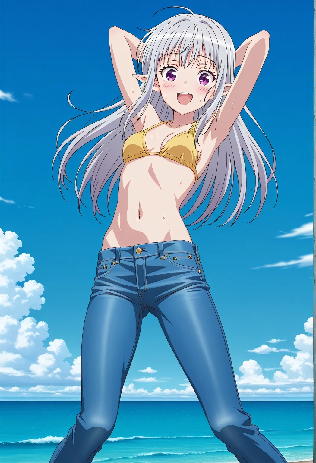score_9, score_8_up, score_7_up, source_anime, highres, hi res, ((best quality, top quality, perfect quality, Highest Quality, amazing quality)), {{masterpiece}}, {{an extremely delicate and beautiful}}, 2d, intricate details, official style, anime, 8k, anime style, official_anime, official art, digital painting, cell shading, soft shading, high resolution, soothing tones, Subdued Color, Soft cinematic light, adobe lightroom, photolab, HDR, intricately and hyper-detailed, ((high quality animation)), 1 girl, Alone, solo, ((ocean)), tsunami, on the water, day, sunny, outdoors, sky, windy, mariabelle, long hair, purple eyes, white hair, grey hair, pointy ears, elf, anime screencap, small breasts, yellow bikini top, best quality, hyper-detailed jeans, ((blue jeans:1.9)), (dark blue jeans:0.6), full medium body, medium shot, Open mouth, smiling, happy face, blush, sweat, standing, ((arms behind head:6.0)), bowlegged, jumping pose, action, looking at viewer, spread legs, Bend knees slightly, straight-on front view