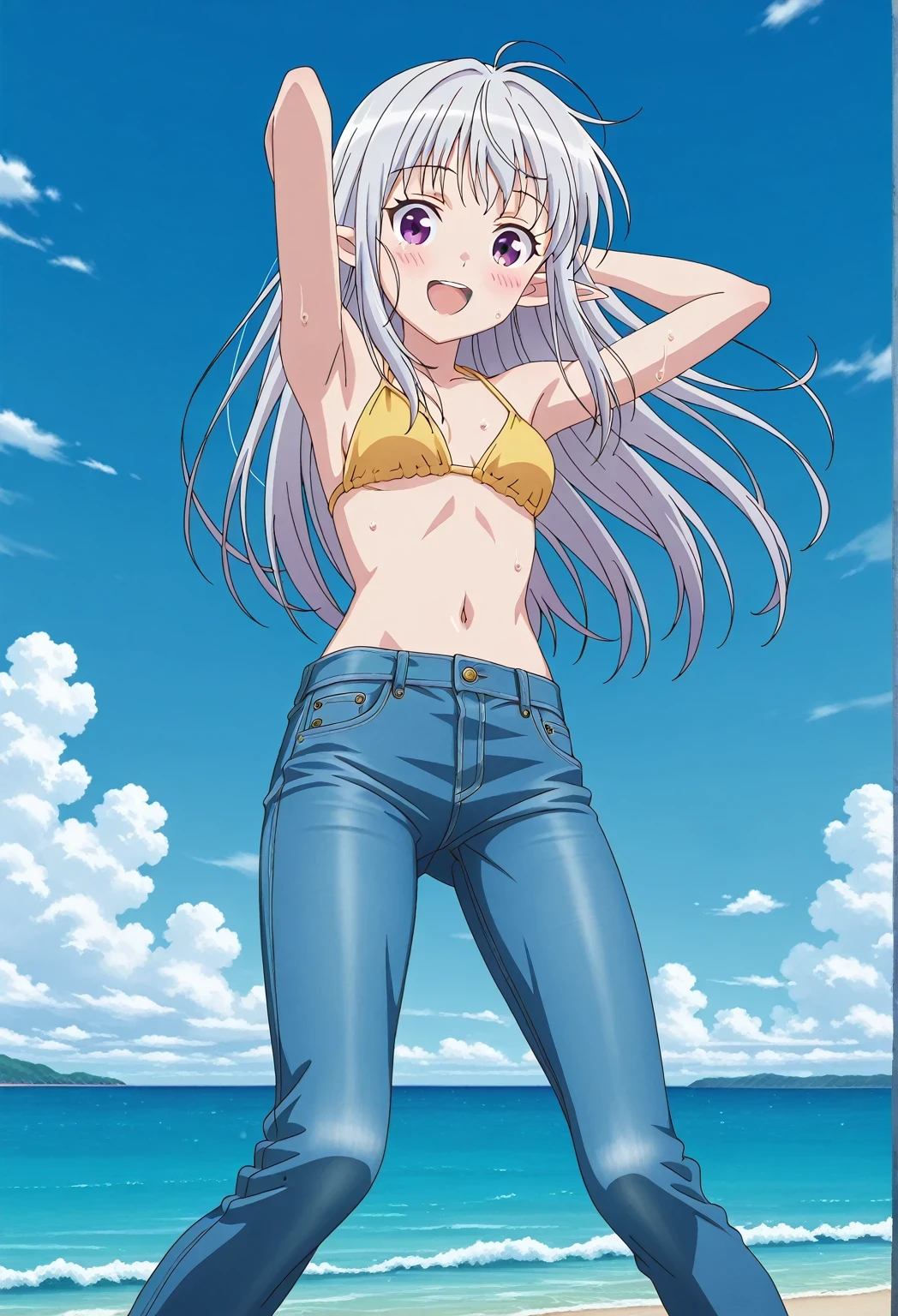 score_9, score_8_up, score_7_up, source_anime, highres, hi res, ((best quality, top quality, perfect quality, Highest Quality, amazing quality)), {{masterpiece}}, {{an extremely delicate and beautiful}}, 2d, intricate details, official style, anime, 8k, anime style, official_anime, official art, digital painting, cell shading, soft shading, high resolution, soothing tones, Subdued Color, Soft cinematic light, adobe lightroom, photolab, HDR, intricately and hyper-detailed, ((high quality animation)), 1 girl, Alone, solo, ((ocean)), tsunami, on the water, day, sunny, outdoors, sky, windy, mariabelle, long hair, purple eyes, white hair, grey hair, pointy ears, elf, anime screencap, small breasts, yellow bikini top, best quality, hyper-detailed jeans, ((blue jeans:1.9)), (dark blue jeans:0.6), full medium body, medium shot, Open mouth, smiling, happy face, blush, sweat, standing, ((arms behind head:6.0)), bowlegged, jumping pose, action, looking at viewer, spread legs, Bend knees slightly, straight-on front view