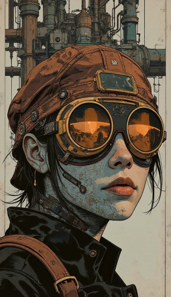 road sign in the desert rusty smooth metal panel with screwed and welded parts, advertisement with a girl in , in the distance you can see a futuristic city (Dave Mckean inspired art, intricate details, oil painting)
