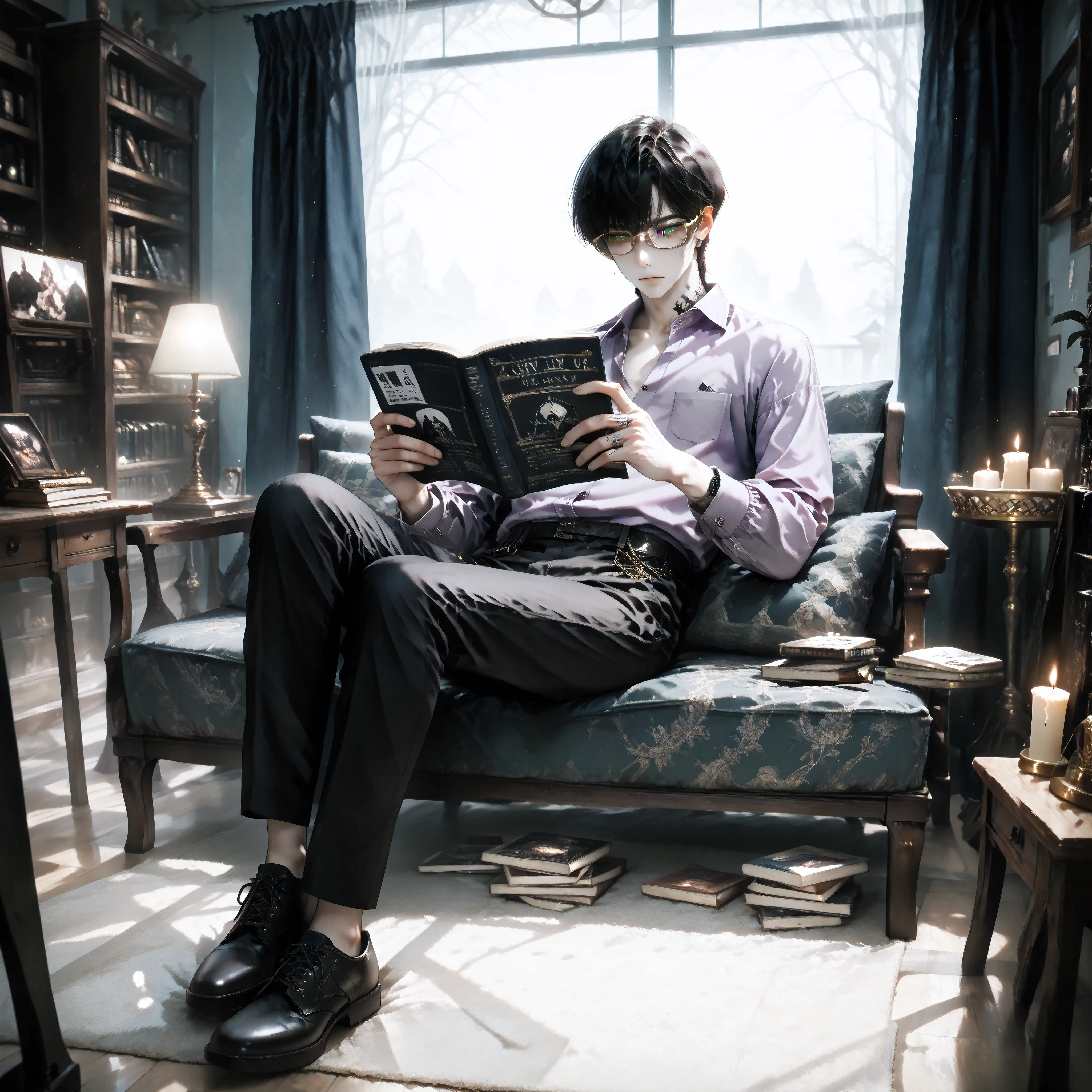 (score_9, score_8_up), score_7_up, masterpiece, best quality, 8k, very aesthetic, semirealistic, dark asthetic, low light, 1:boy, goth boy, male, solo, (male with feminine facial features), fit, athletic, (non-binary facial features), Six feet tall, wolf cut Black Hair, Asian and European mixed skin tone, detailed emerald green eyes, (gold underrim_metal glasses), gothicstyle, academic look, gothicstylenext, long sleeved open button up light purple shirt, dark black linen pants, back shoes, background: library, heavy curtains, Dark moody room, gothic tone, nighttime, candles,  reading, indirect light,  random distances,  defined muscles, bishounen, NEGATIVE_HANDS, Shadows