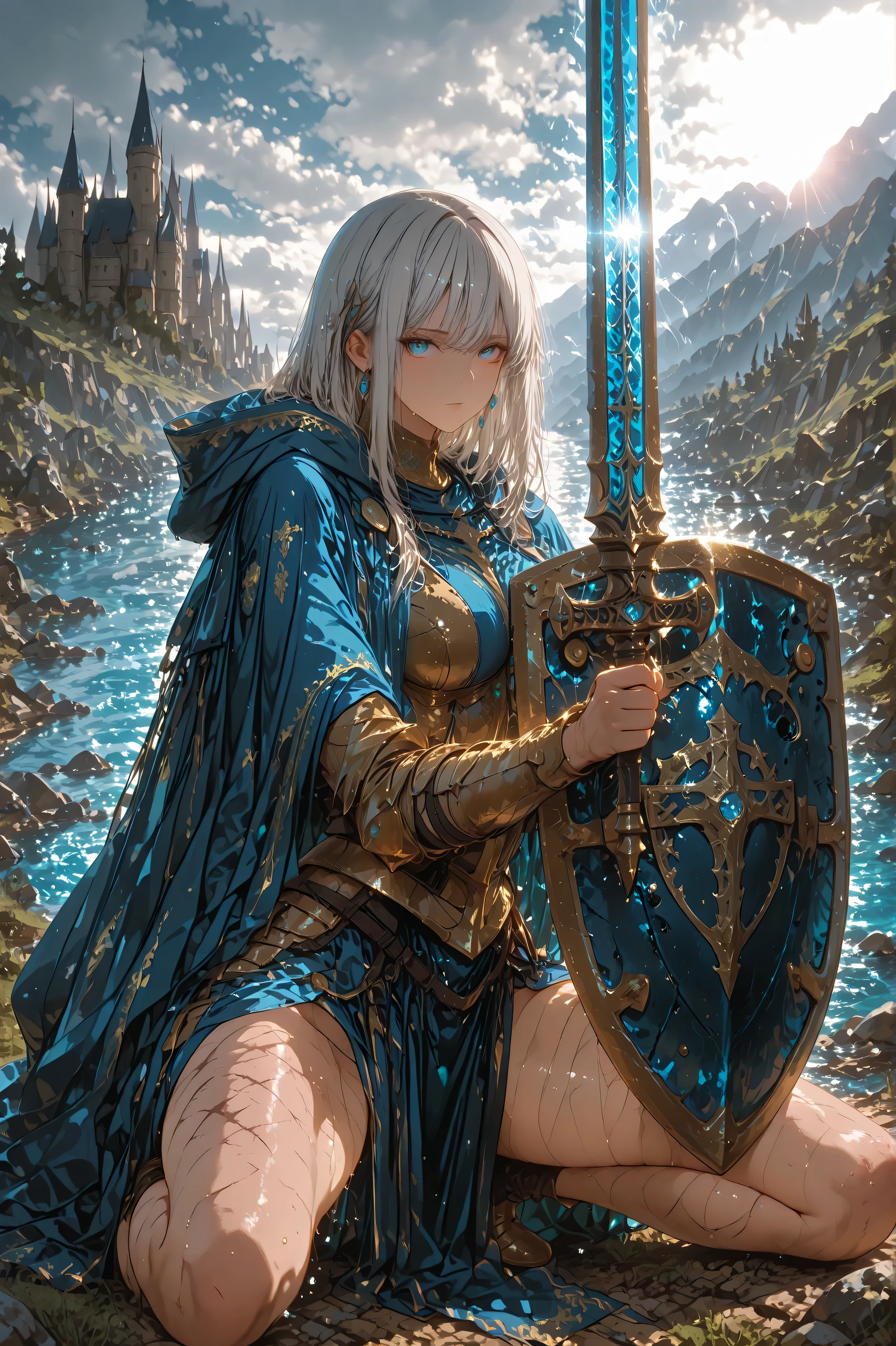 8k, fantasy world, female character, 1girl, Full of scars full metal heavy armor, (full armor:1.3), slender body, large chests, bare legs, Hooded cape in ultramarine blue with gold embroidery, semi-long hairstyle, thin gray hair, many items, (many adventures), cinematic lighting, dramatic atmosphere, intricate details, vivid colors, fantasy landscape, medieval castle, digital art, on one knee, spread legs, holding a long sword, equip a large shield, looking at viewer, sweaty, midday, cowboy shot, expressionless,