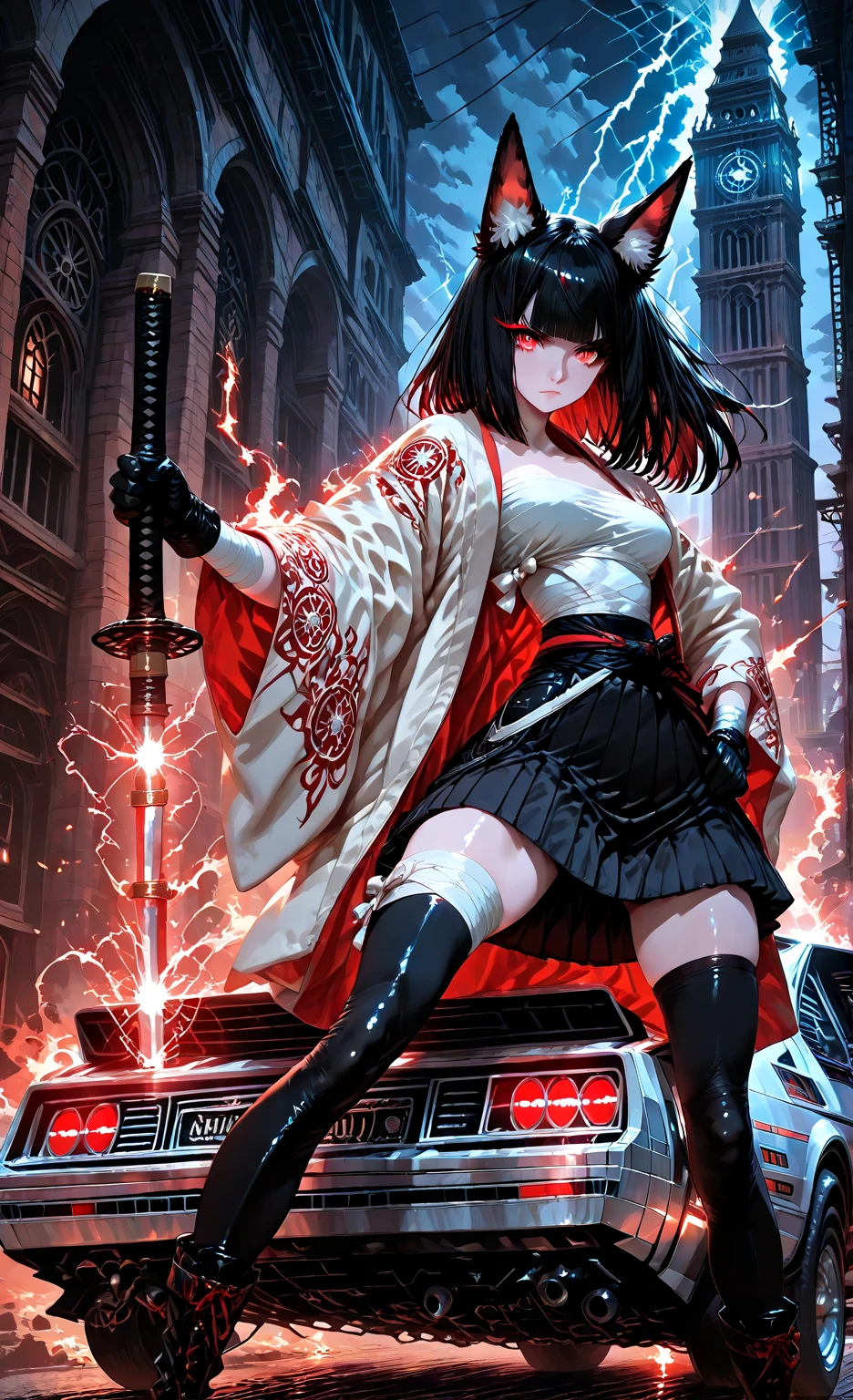 masterpiece, 8k, Highest Quality, detail, high resolution, Digital Painting, anime style portrait, vertical 9:16 composition, ultra-cute kawaii overload, , fluffy fox_ears twitching with pink fluff/sparkles, big sparkling red_eyes with heart highlights (highly detailed eyes:1.4), glossy dewy eyes, long_wavy_black_hair with curls/shine, blunt_bangs, pale skin with rosy puffed cheeks (smooth shiny skin:1.3), (shapely petite figure:1.2), frilly white blouse/oversized pink bow, short pleated navy skirt, thigh-high lace socks, mary janes, heart bag, bashful-to-joyful expression with toothy grin/tiny fang, heavy blush, fidgeting hands, chibi proportions. New Sea Makoto style: cherry blossom avenue at dawn, swirling pink petals in breeze, sunlight rays/rainbow sparkles, glowing school, dreamy god rays/light motes. 10s animation: 0-3s bashful pause, hands brush ear-hair up in fluff-mo, ears perk/shake, eyes widen to heart-sparkle, giggle curve; 3-7s bouncy skip-walk, skirt spin/hair waves/petal tangle, ears flop, bag swing/wink; 7-10s mini-jump to gate, arms hug-pose, heart petal vortex, ecstatic laugh freeze, pink fade. Fluid motion/sakura trails, exaggerated cute physics, pastel pink palette, bouncy chibi .

