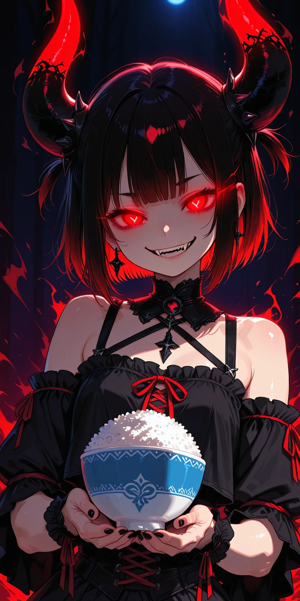 (extremely detailed fine touch:1.3), (2D:1.3), devil girl, (super very short hair:1.3), blunt bangs, (yellow glasses:1.3), underrim, headphones, devil's wings, white skin, Tsurime Eyes, (glowing eyes:1.4), evil smile, (fangs:1.2), tongue out, red cheek, mini dress, medium breasts, clavicle, cleavage, cowboy shot, bat, hell