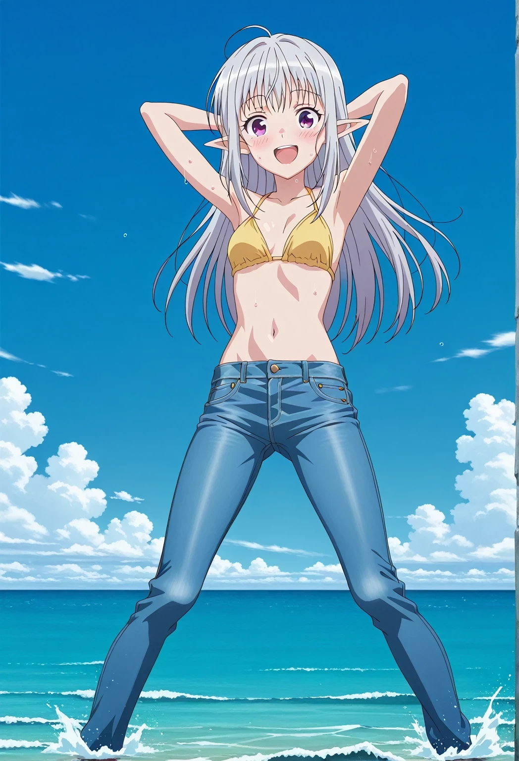 score_9, score_8_up, score_7_up, source_anime, highres, hi res, ((best quality, top quality, perfect quality, Highest Quality, amazing quality)), {{masterpiece}}, {{an extremely delicate and beautiful}}, 2d, intricate details, official style, anime, 8k, anime style, official_anime, official art, digital painting, cell shading, soft shading, high resolution, soothing tones, Subdued Color, Soft cinematic light, adobe lightroom, photolab, HDR, intricately and hyper-detailed, ((high quality animation)), 1 girl, Alone, solo, ((ocean)), tsunami, on the water, day, sunny, outdoors, sky, windy, mariabelle, long hair, purple eyes, white hair, grey hair, pointy ears, elf, anime screencap, small breasts, yellow bikini top, best quality, hyper-detailed jeans, ((blue jeans:1.9)), (dark blue jeans:0.6), full medium body, medium shot, Open mouth, smiling, happy face, blush, sweat, standing, ((arms behind head:6.0)), bowlegged, jumping pose, action, looking at viewer, spread legs, Bend knees slightly, straight-on front view
