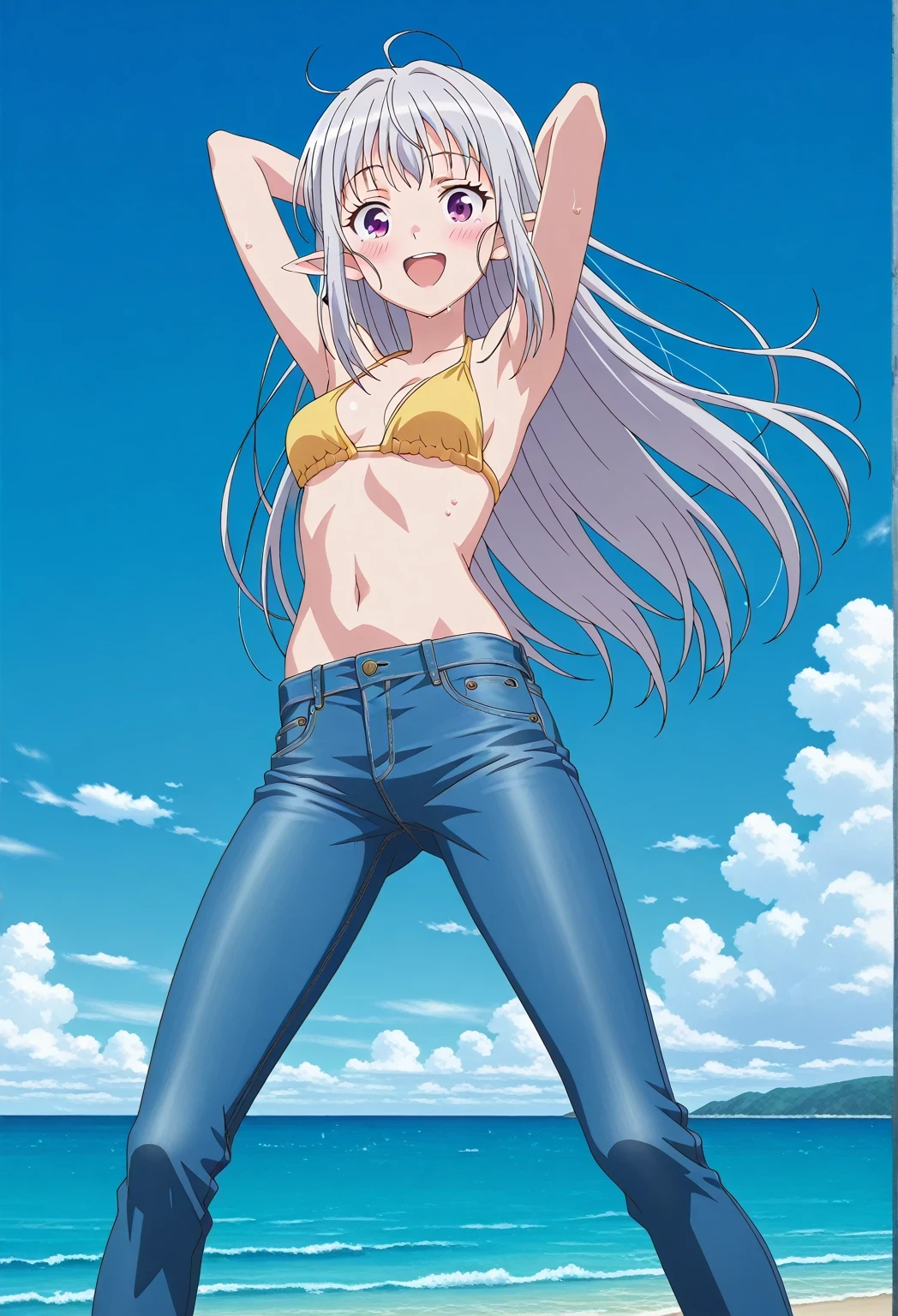 score_9, score_8_up, score_7_up, source_anime, highres, hi res, ((best quality, top quality, perfect quality, Highest Quality, amazing quality)), {{masterpiece}}, {{an extremely delicate and beautiful}}, 2d, intricate details, official style, anime, 8k, anime style, official_anime, official art, digital painting, cell shading, soft shading, high resolution, soothing tones, Subdued Color, Soft cinematic light, adobe lightroom, photolab, HDR, intricately and hyper-detailed, ((high quality animation)), 1 girl, Alone, solo, ((ocean)), tsunami, on the water, day, sunny, outdoors, sky, windy, mariabelle, long hair, purple eyes, white hair, grey hair, pointy ears, elf, anime screencap, small breasts, yellow bikini top, best quality, hyper-detailed jeans, ((blue jeans:1.9)), (dark blue jeans:0.6), full medium body, medium shot, Open mouth, smiling, happy face, blush, sweat, standing, ((arms behind head:6.0)), bowlegged, jumping pose, action, looking at viewer, spread legs, Bend knees slightly, straight-on front view