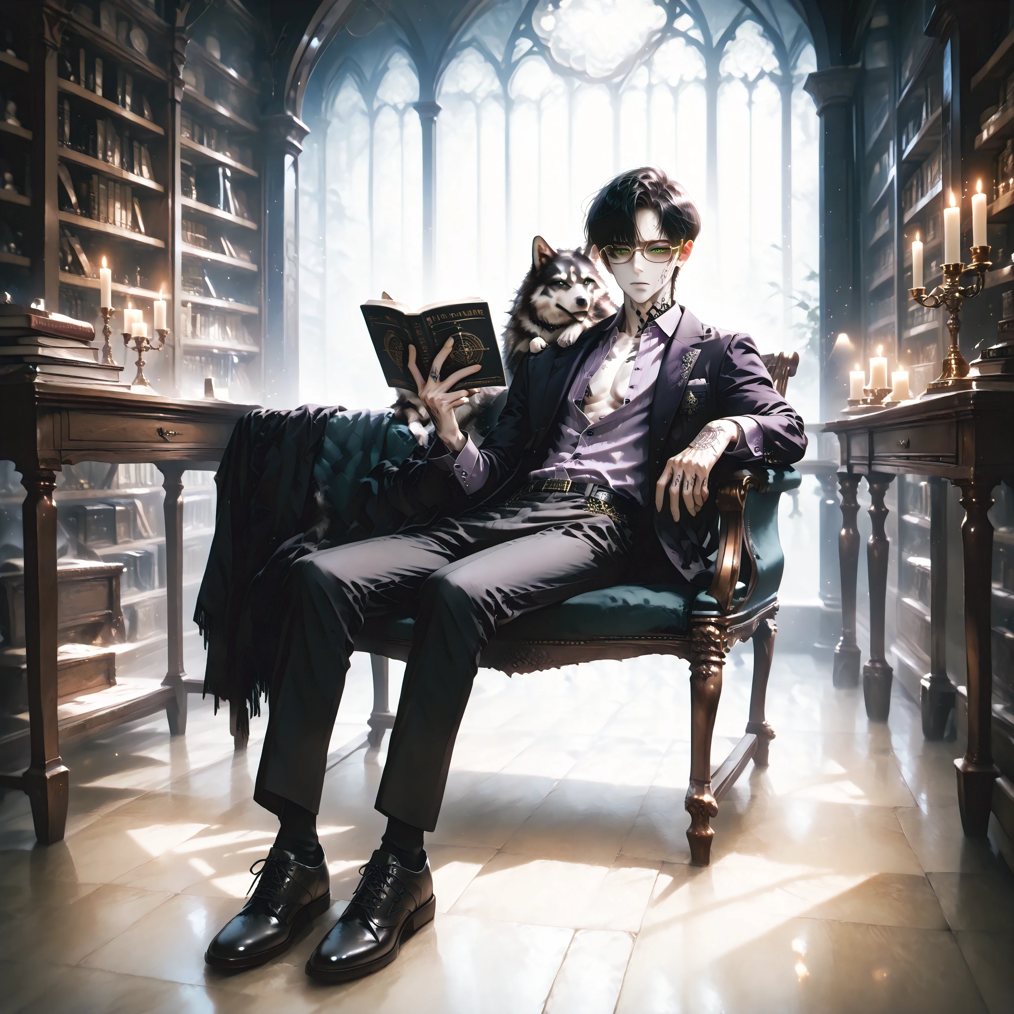 (score_9, score_8_up), score_7_up, masterpiece, best quality, 8k, very gothic aesthetic, high contrast, semirealistic, newest, dark asthetic, low light, 1:boy, goth boy, male, solo, (male with feminine facial features), fit, athletic, (non-binary facial features), Six feet tall, wolf cut Black Hair, Asian and European mixed skin tone, detailed emerald green eyes, (gold underrim_metal glasses), gothicstyle, academic look, gothicstylenext, long sleeved open button up light purple shirt, dark black linen pants, back shoes, background: library, Dark moody room, gothic tone, moonlight, nighttime, candles, reading, defused lighting, no direct light, random distances, defined muscles, bishounen, NEGATIVE_HANDS,