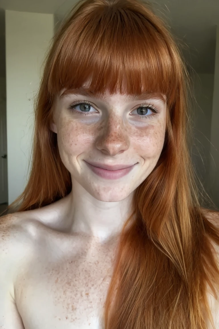 Casual photo of a 19-year-old redhead with Aquamarine eyes , eating a healthy breakfast, dressed in half-uncovered blue pajamas, at a table with her father Of Brown hair sitting on the other side of the table, in a suit