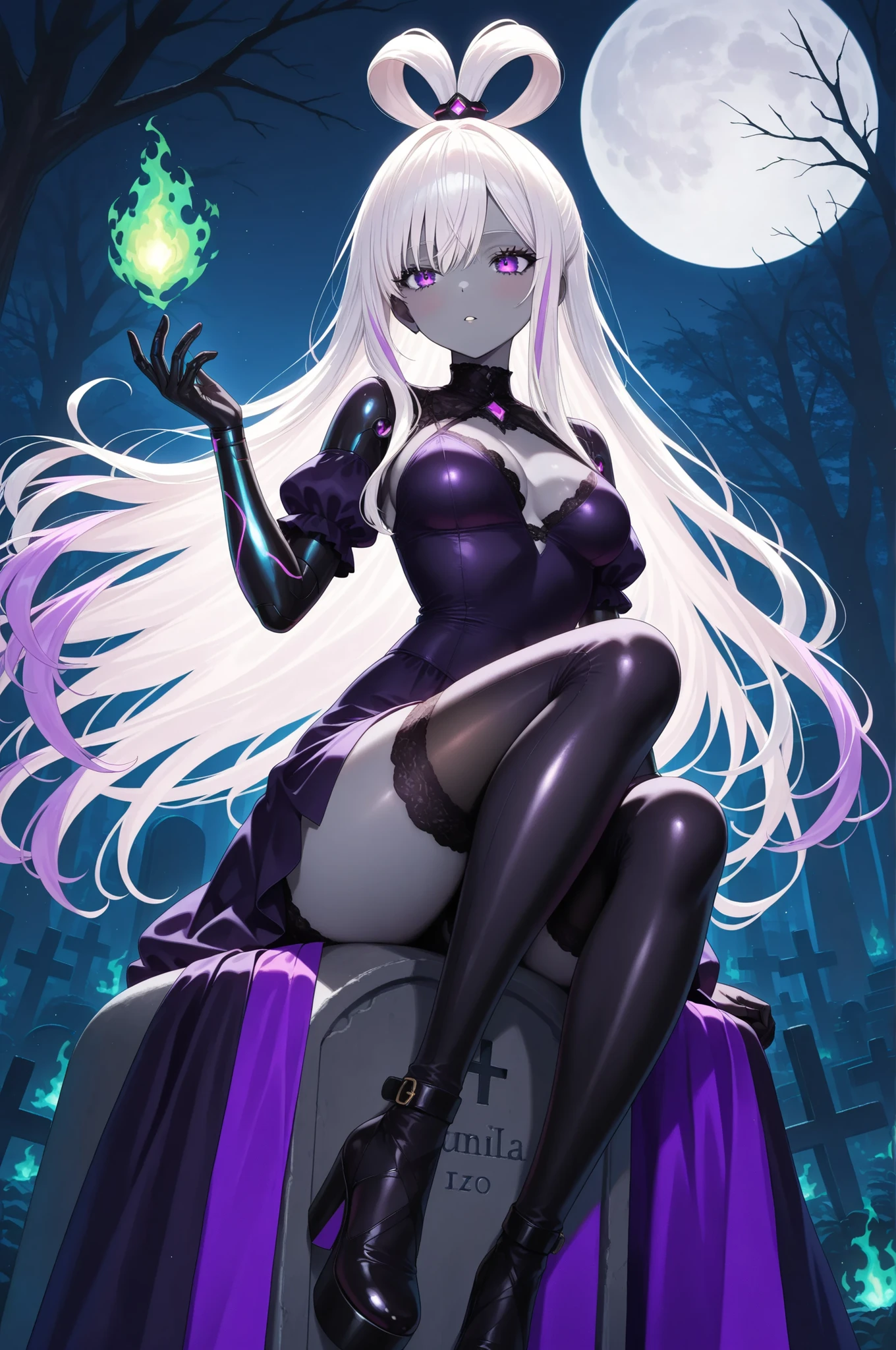 Masterpiece, best quality, ultra-detailed, 1girl, solo, front view, cowboy shot, down view, Ruinala, dark grey skin, white hair with dual highlights, top knot with double loop, purple colored eyes, medium breasts, black and purple cybernetic arms, gothic dress, thigh highs, platform heels, sitting on a tombstone, looking at her hands, conjuring green flames, graveyard, night time, full moon, withered trees