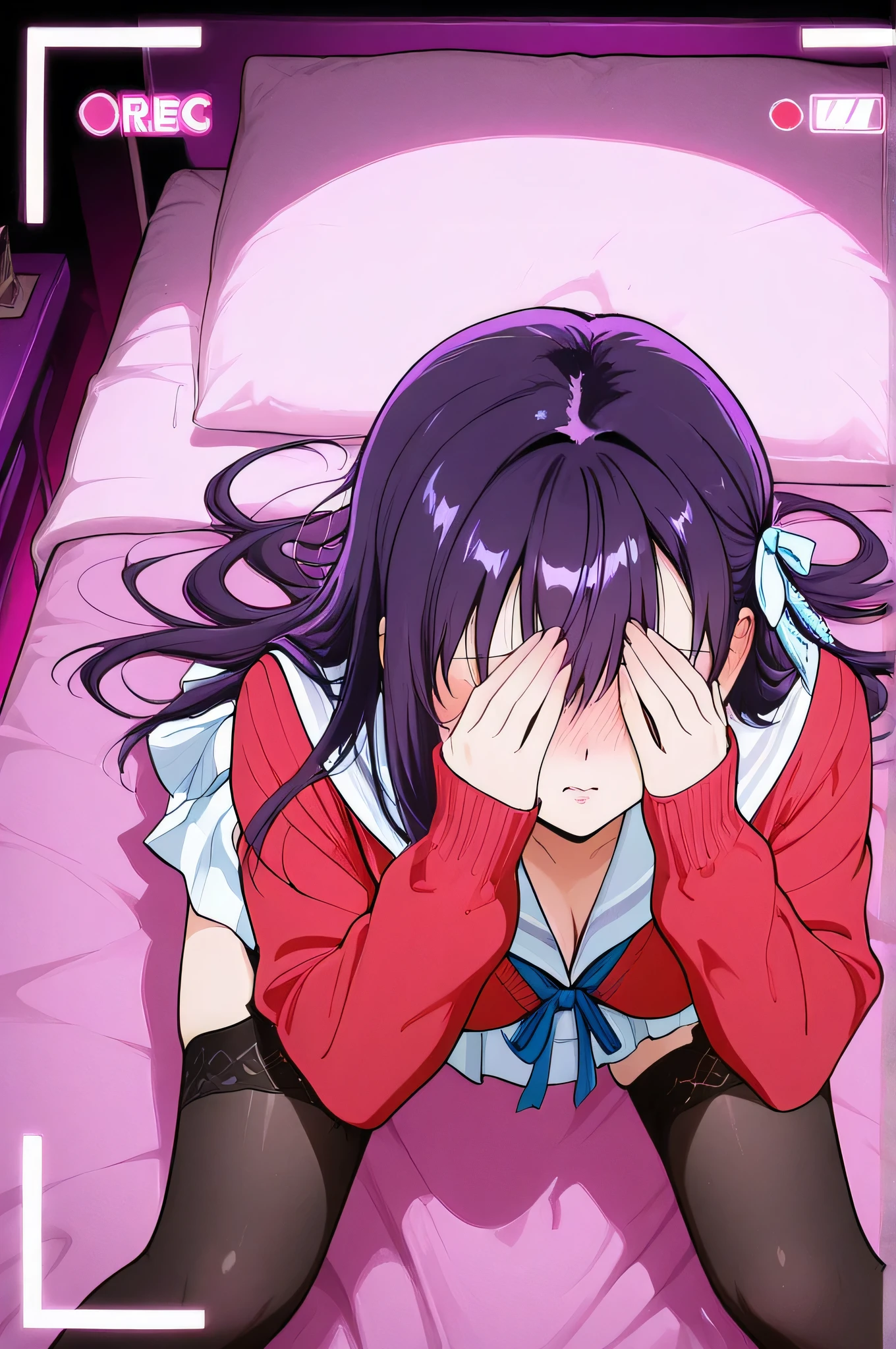  uj90s,  manga style, anime girl, 1girl, masterpiece, beautiful, smooth curve-line, aerial view, top-down perspective, girl lying on bed, long dark purple hair, side braid, white bow hair accessory, hand covering eyes, shy pose, white sailor dress, blue ribbon collar, pleated white skirt, red cardigan open, black thigh-high stockings, purple bedding, soft purple lighting, pink atmosphere, REC indicator, POV camera angle, anime style, detailed shading, intimate lighting, bedroom setting