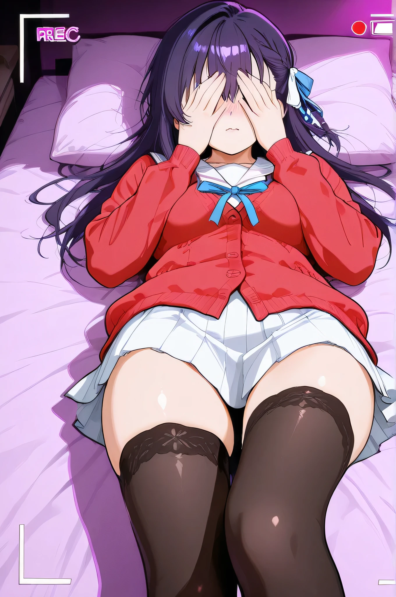  uj90s,  manga style, anime girl, 1girl, masterpiece, beautiful, smooth curve-line, aerial view, top-down perspective, girl lying on bed, long dark purple hair, side braid, white bow hair accessory, hand covering eyes, shy pose, white sailor dress, blue ribbon collar, pleated white skirt, red cardigan open, black thigh-high stockings, purple bedding, soft purple lighting, pink atmosphere, REC indicator, POV camera angle, anime style, detailed shading, intimate lighting, bedroom setting