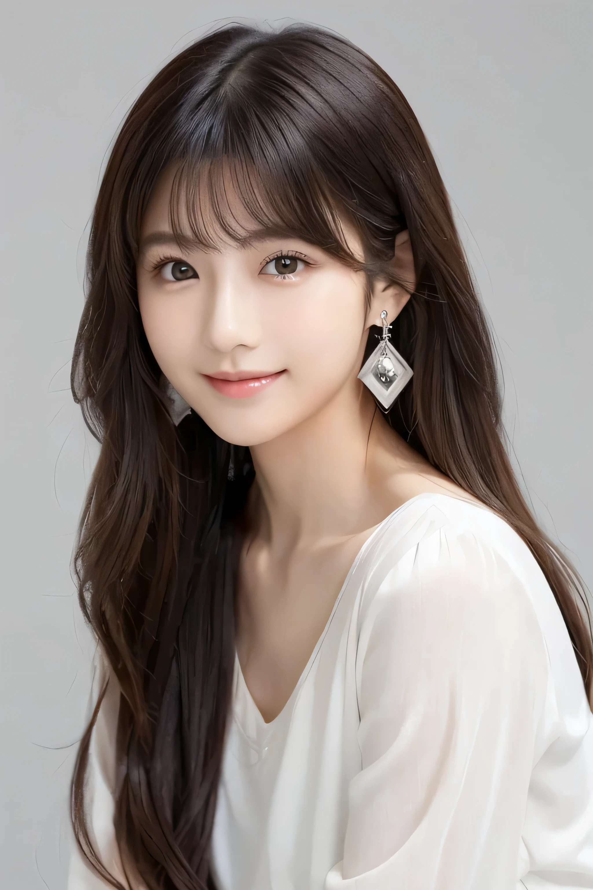 Japanese model with long hair wearing a white shirt and earrings、 dark haired, Princess Cut Hairstyle ,looking at the camera、Cute Smile、with a soft and gentle expression