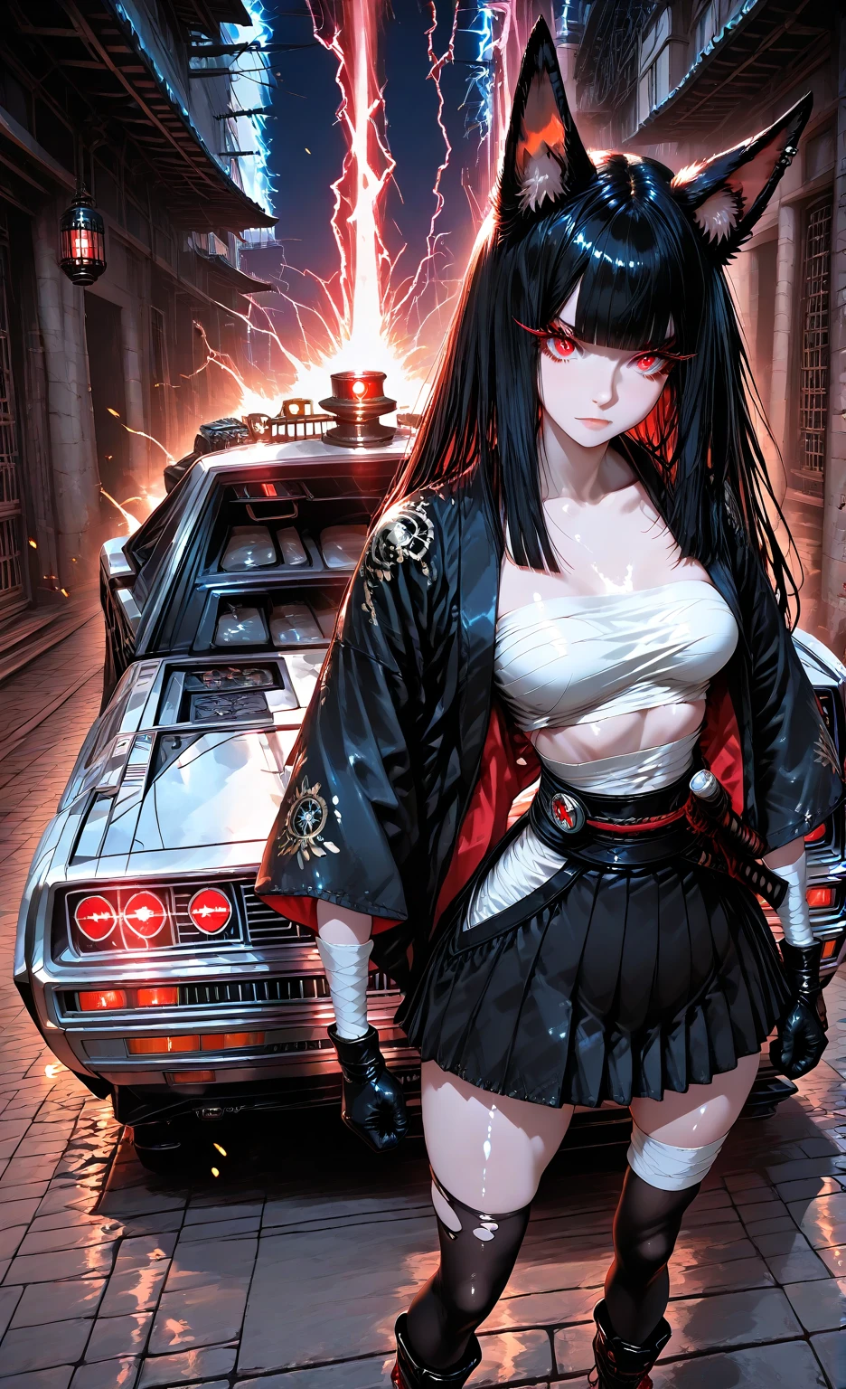 masterpiece, 8k, Highest Quality, detail, high resolution, Digital Painting, anime style portrait, vertical 9:16 composition, ultra-cute kawaii overload, , fluffy fox_ears twitching with pink fluff/sparkles, big sparkling red_eyes with heart highlights (highly detailed eyes:1.4), glossy dewy eyes, long_wavy_black_hair with curls/shine, blunt_bangs, pale skin with rosy puffed cheeks (smooth shiny skin:1.3), (shapely petite figure:1.2), frilly white blouse/oversized pink bow, short pleated navy skirt, thigh-high lace socks, mary janes, heart bag, bashful-to-joyful expression with toothy grin/tiny fang, heavy blush, fidgeting hands, chibi proportions. New Sea Makoto style: cherry blossom avenue at dawn, swirling pink petals in breeze, sunlight rays/rainbow sparkles, glowing school, dreamy god rays/light motes. 10s animation: 0-3s bashful pause, hands brush ear-hair up in fluff-mo, ears perk/shake, eyes widen to heart-sparkle, giggle curve; 3-7s bouncy skip-walk, skirt spin/hair waves/petal tangle, ears flop, bag swing/wink; 7-10s mini-jump to gate, arms hug-pose, heart petal vortex, ecstatic laugh freeze, pink fade. Fluid motion/sakura trails, exaggerated cute physics, pastel pink palette, bouncy chibi .

