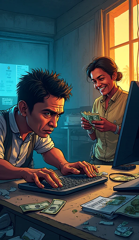 Comic-style image of Indonesian netizen typing hate comments while real ...