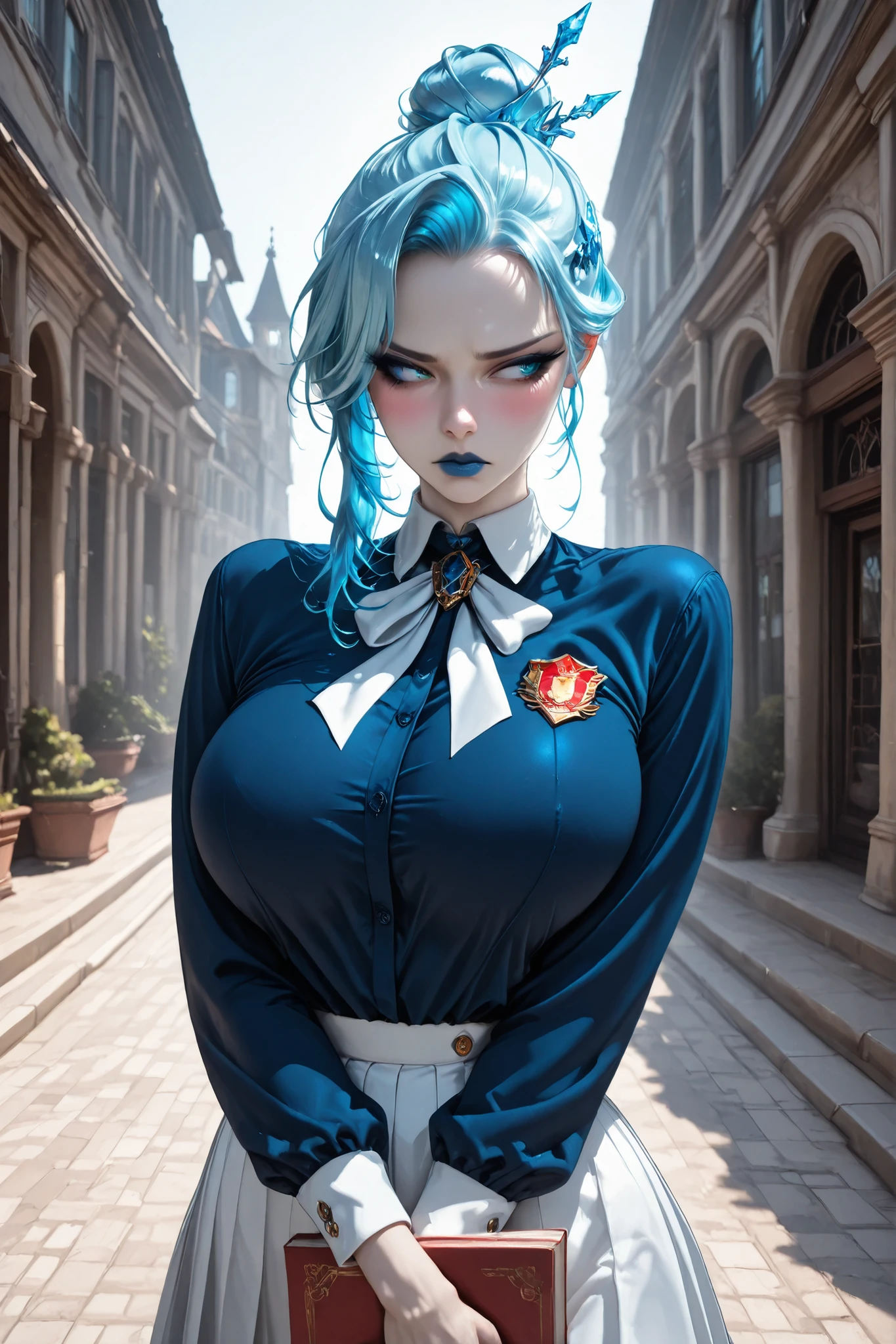 CoolgirlHDR, UHD, masterpiece, anatomically correct, super detail, best quality, high-res, 16k, solo, 1girl, long made of ice hair bun, long forelock, ice hair decoration, icy blue eyes, long eyelashes, blue cat eyeliner, royal blue lipstick, blue fingernails, slender hips, pale skin, Slender body, big breasts, refined pose, school uniform blue blouse, school white uniform skirt, red badge on chest, serious face, breathing hot air, courtyard white school building background, Hold books in hands hug to chest, blushing, looking away, shy
