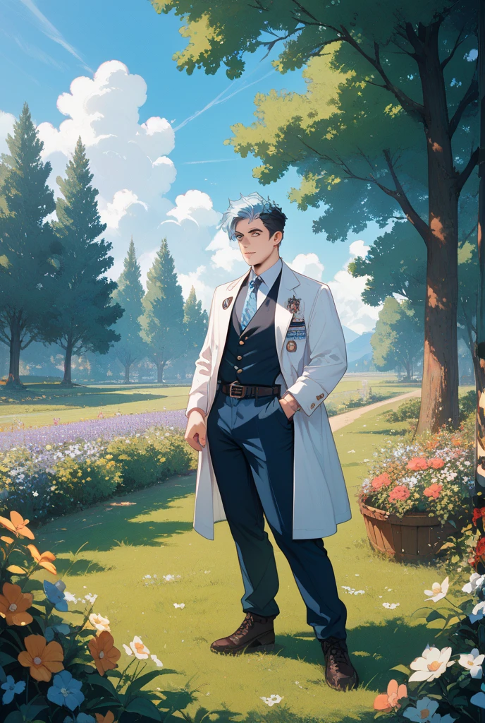 masterpiece, best quality, realistic, 1man, male focus, mature, tall muscular, handsome, [thick eyebrows], smile, suit, portrait, extremely detailed face, (blonde hair), (short hair), botanical garden