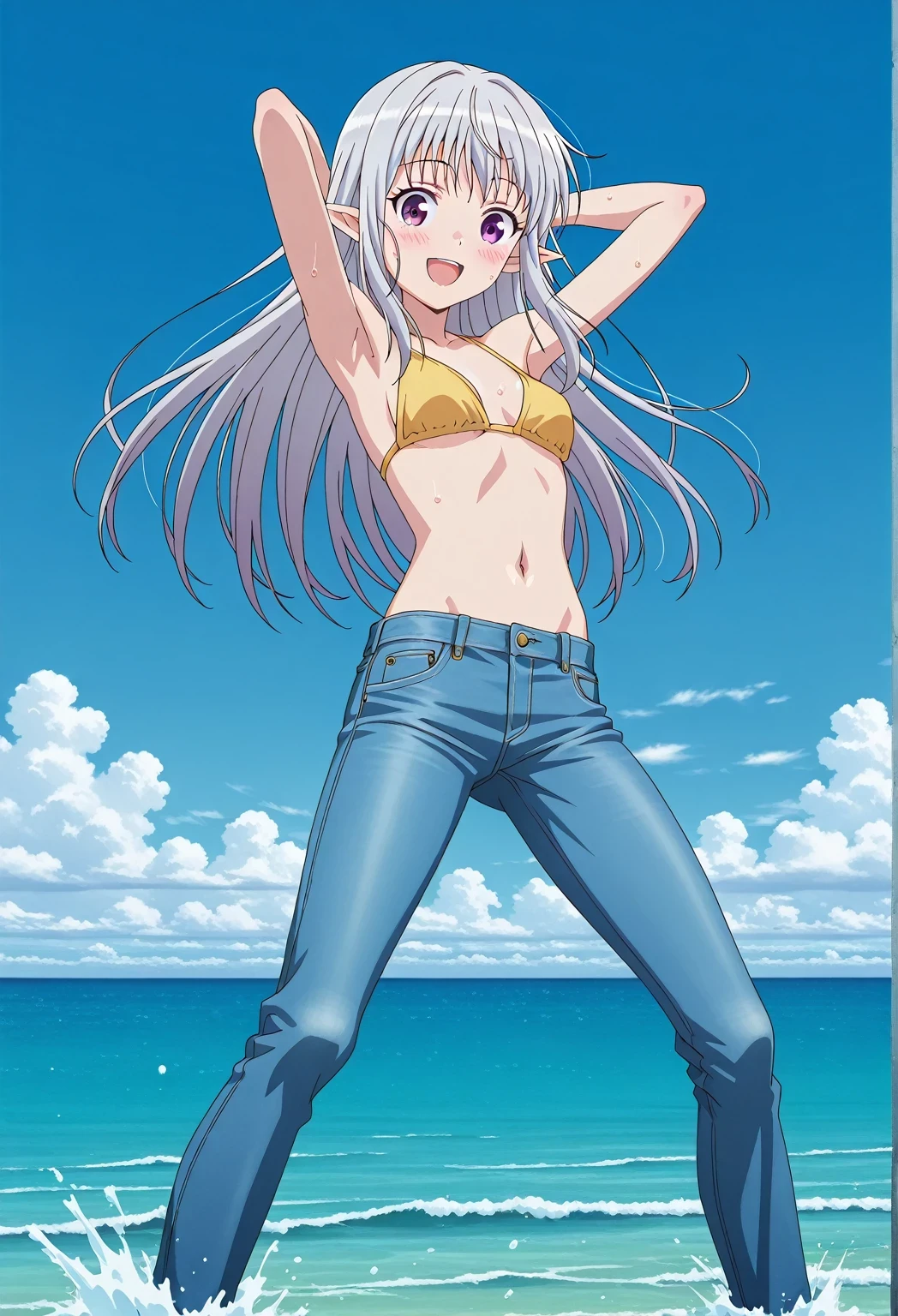 score_9, score_8_up, score_7_up, source_anime, highres, hi res, ((best quality, top quality, perfect quality, Highest Quality, amazing quality)), {{masterpiece}}, {{an extremely delicate and beautiful}}, 2d, intricate details, official style, anime, 8k, anime style, official_anime, official art, digital painting, cell shading, soft shading, high resolution, soothing tones, Subdued Color, Soft cinematic light, adobe lightroom, photolab, HDR, intricately and hyper-detailed, ((high quality animation)), 1 girl, Alone, solo, ((ocean)), tsunami, on the water, day, sunny, outdoors, sky, windy, mariabelle, long hair, purple eyes, white hair, grey hair, pointy ears, elf, anime screencap, small breasts, yellow bikini top, best quality, hyper-detailed jeans, ((blue jeans:1.9)), (dark blue jeans:0.6), full medium body, medium shot, Open mouth, smiling, happy face, blush, sweat, standing, ((arms behind head:6.0)), bowlegged, jumping pose, action, looking at viewer, spread legs, Bend knees slightly, straight-on front view
