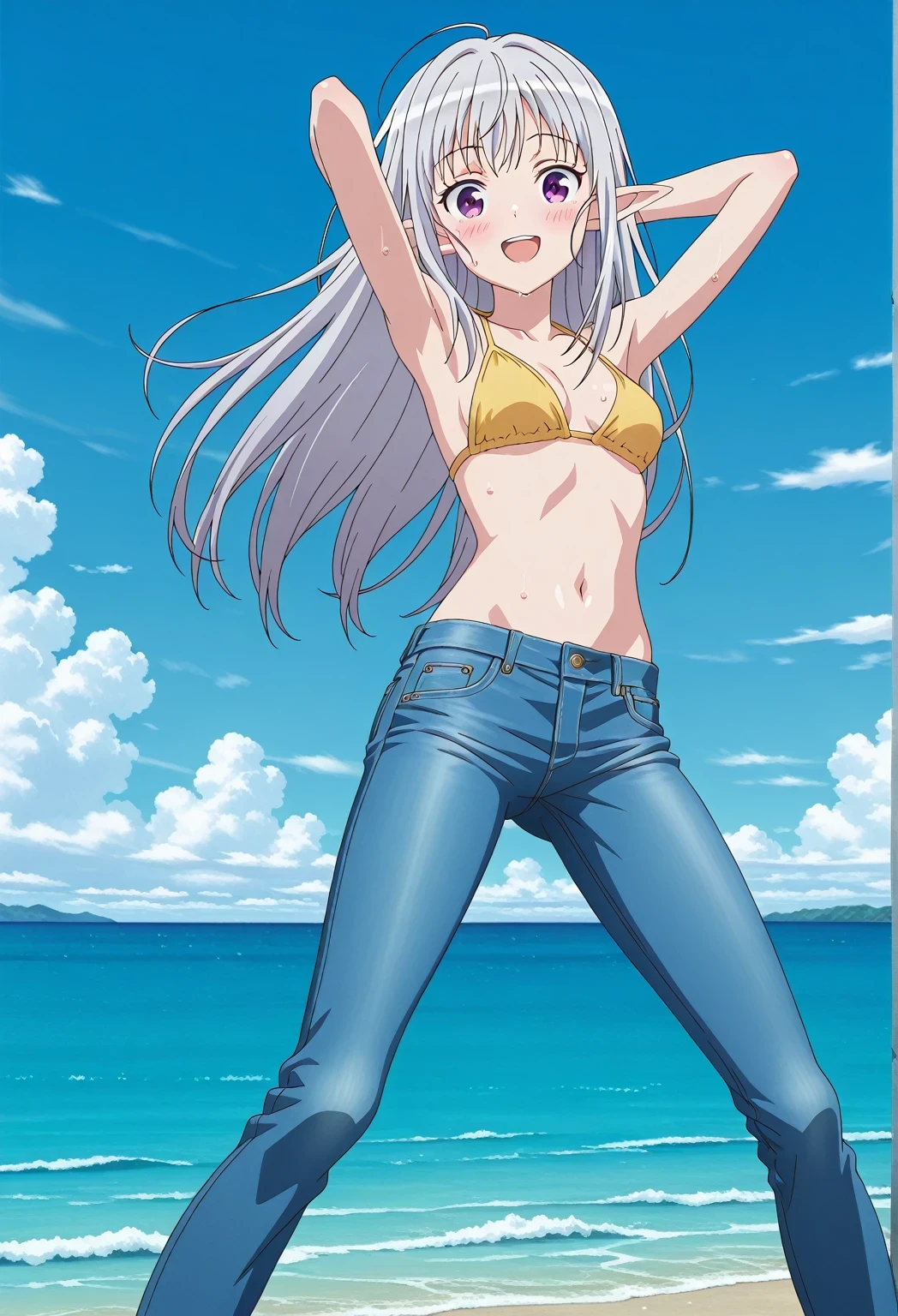 score_9, score_8_up, score_7_up, source_anime, highres, hi res, ((best quality, top quality, perfect quality, Highest Quality, amazing quality)), {{masterpiece}}, {{an extremely delicate and beautiful}}, 2d, intricate details, official style, anime, 8k, anime style, official_anime, official art, digital painting, cell shading, soft shading, high resolution, soothing tones, Subdued Color, Soft cinematic light, adobe lightroom, photolab, HDR, intricately and hyper-detailed, ((high quality animation)), 1 girl, Alone, solo, ((ocean)), tsunami, on the water, day, sunny, outdoors, sky, windy, mariabelle, long hair, purple eyes, white hair, grey hair, pointy ears, elf, anime screencap, small breasts, yellow bikini top, best quality, hyper-detailed jeans, ((blue jeans:1.9)), (dark blue jeans:0.6), full medium body, medium shot, Open mouth, smiling, happy face, blush, sweat, standing, ((arms behind head:6.0)), bowlegged, sliding pose, action, looking at viewer, spread legs, Bend knees slightly, straight-on front view