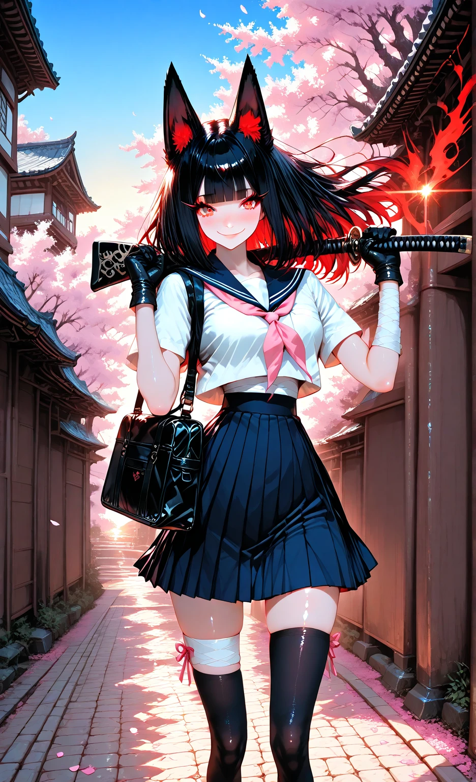 masterpiece, 8k, Highest Quality, detail, high resolution, Digital Painting, anime style portrait, vertical 9:16 composition, ultra-cute kawaii overload, , fluffy fox_ears twitching with pink fluff/sparkles, big sparkling red_eyes with heart highlights (highly detailed eyes:1.4), glossy dewy eyes, long_wavy_black_hair with curls/shine, blunt_bangs, pale skin with rosy puffed cheeks (smooth shiny skin:1.3), (shapely petite figure:1.2), frilly white blouse/oversized pink bow, short pleated navy skirt, thigh-high lace socks, mary janes, heart bag, bashful-to-joyful expression with toothy grin/tiny fang, heavy blush, fidgeting hands, chibi proportions. New Sea Makoto style: cherry blossom avenue at dawn, swirling pink petals in breeze, sunlight rays/rainbow sparkles, glowing school, dreamy god rays/light motes. 10s animation: 0-3s bashful pause, hands brush ear-hair up in fluff-mo, ears perk/shake, eyes widen to heart-sparkle, giggle curve; 3-7s bouncy skip-walk, skirt spin/hair waves/petal tangle, ears flop, bag swing/wink; 7-10s mini-jump to gate, arms hug-pose, heart petal vortex, ecstatic laugh freeze, pink fade. Fluid motion/sakura trails, exaggerated cute physics, pastel pink palette, bouncy chibi .

