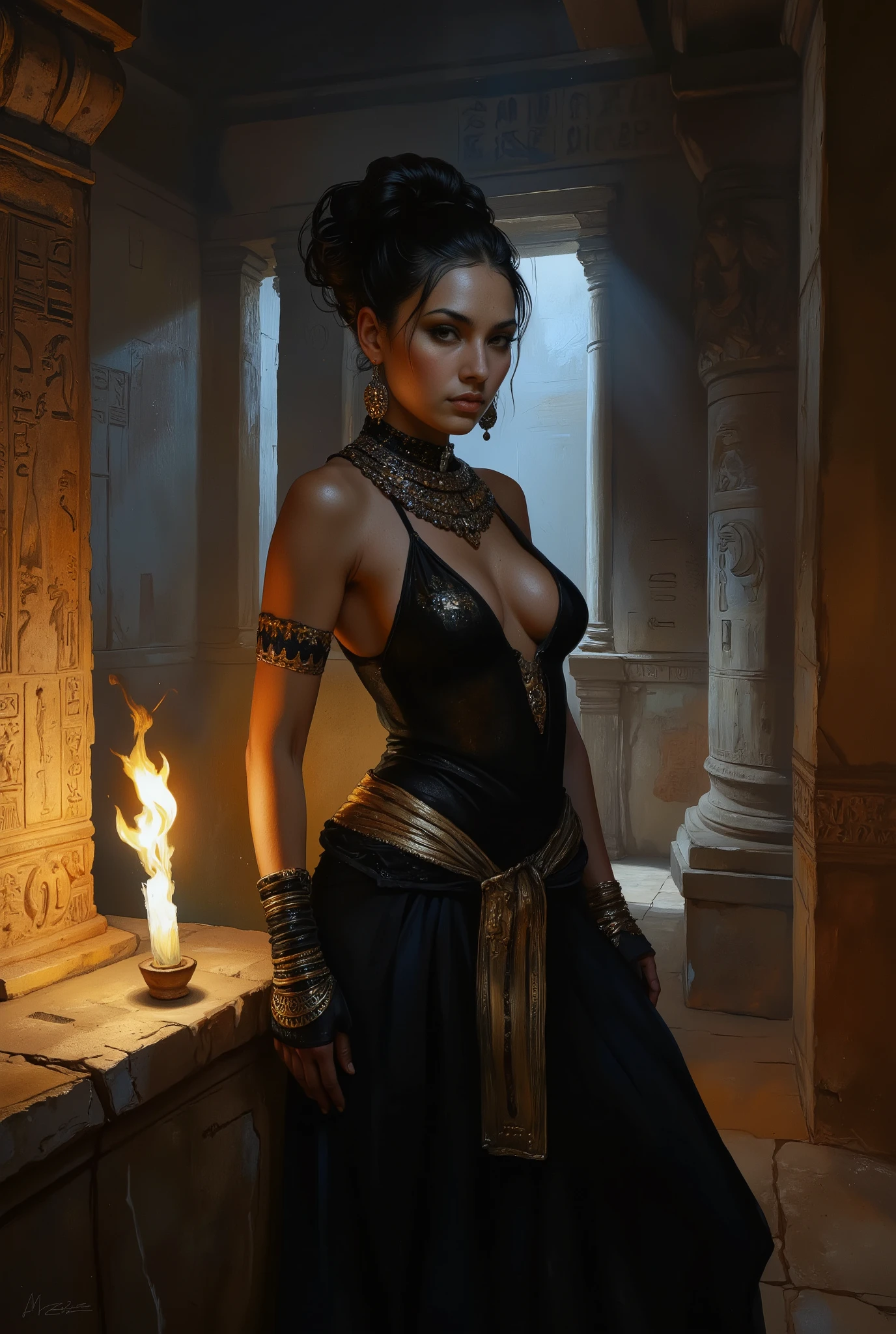 In the dimly lit, ancient temple interior, a 40-years-old Egyptian priestess of Seth, the Snake God, gazes directly at the viewer with cold intensity. Her dark skin glistens under the warm glow of torchlight, accentuating her figure. Woman has raven black hair pinned up in elegant updo. Dark brown eyes emanate authority as she wears outfit that showcases her curvaceous figure. Woman exudes confidence and authority. The air is thick with mystique as she stands amidst intricate hieroglyphics, her presence radiating an otherworldly charm.