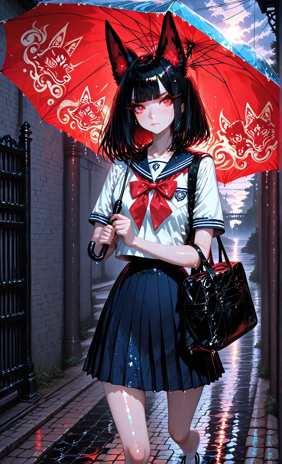 masterpiece, 8k, Highest Quality, detail, high resolution, Digital Painting, anime style portrait, vertical 9:16 composition, ultra-cute kawaii overload, , fluffy fox_ears twitching with pink fluff/sparkles, big sparkling red_eyes with heart highlights (highly detailed eyes:1.4), glossy dewy eyes, long_wavy_black_hair with curls/shine, blunt_bangs, pale skin with rosy puffed cheeks (smooth shiny skin:1.3), (shapely petite figure:1.2), frilly white blouse/oversized pink bow, short pleated navy skirt, thigh-high lace socks, mary janes, heart bag, bashful-to-joyful expression with toothy grin/tiny fang, heavy blush, fidgeting hands, chibi proportions. New Sea Makoto style: cherry blossom avenue at dawn, swirling pink petals in breeze, sunlight rays/rainbow sparkles, glowing school, dreamy god rays/light motes. 10s animation: 0-3s bashful pause, hands brush ear-hair up in fluff-mo, ears perk/shake, eyes widen to heart-sparkle, giggle curve; 3-7s bouncy skip-walk, skirt spin/hair waves/petal tangle, ears flop, bag swing/wink; 7-10s mini-jump to gate, arms hug-pose, heart petal vortex, ecstatic laugh freeze, pink fade. Fluid motion/sakura trails, exaggerated cute physics, pastel pink palette, bouncy chibi .

