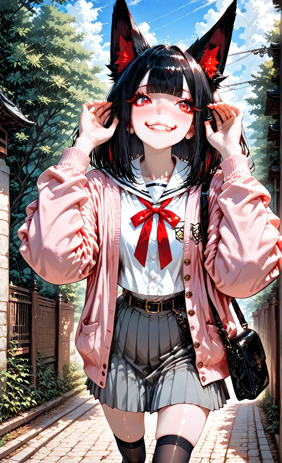 masterpiece, 8k, Highest Quality, detail, high resolution, Digital Painting, anime style portrait, vertical 9:16 composition, ultra-cute kawaii overload, , fluffy fox_ears twitching with pink fluff/sparkles, big sparkling red_eyes with heart highlights (highly detailed eyes:1.4), glossy dewy eyes, long_wavy_black_hair with curls/shine, blunt_bangs, pale skin with rosy puffed cheeks (smooth shiny skin:1.3), (shapely petite figure:1.2), frilly white blouse/oversized pink bow, short pleated navy skirt, thigh-high lace socks, mary janes, heart bag, bashful-to-joyful expression with toothy grin/tiny fang, heavy blush, fidgeting hands, chibi proportions. New Sea Makoto style: cherry blossom avenue at dawn, swirling pink petals in breeze, sunlight rays/rainbow sparkles, glowing school, dreamy god rays/light motes. 10s animation: 0-3s bashful pause, hands brush ear-hair up in fluff-mo, ears perk/shake, eyes widen to heart-sparkle, giggle curve; 3-7s bouncy skip-walk, skirt spin/hair waves/petal tangle, ears flop, bag swing/wink; 7-10s mini-jump to gate, arms hug-pose, heart petal vortex, ecstatic laugh freeze, pink fade. Fluid motion/sakura trails, exaggerated cute physics, pastel pink palette, bouncy chibi .

