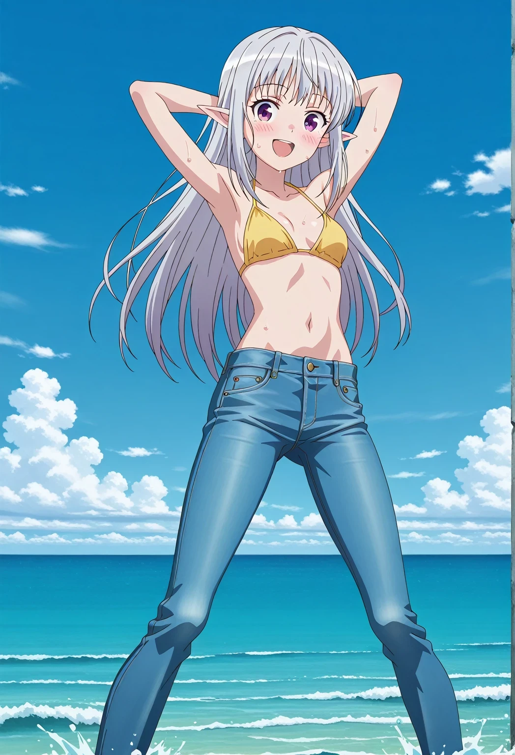 score_9, score_8_up, score_7_up, source_anime, highres, hi res, ((best quality, top quality, perfect quality, Highest Quality, amazing quality)), {{masterpiece}}, {{an extremely delicate and beautiful}}, 2d, intricate details, official style, anime, 8k, anime style, official_anime, official art, digital painting, cell shading, soft shading, high resolution, soothing tones, Subdued Color, Soft cinematic light, adobe lightroom, photolab, HDR, intricately and hyper-detailed, ((high quality animation)), 1 girl, Alone, solo, ((ocean)), tsunami, on the water, day, sunny, outdoors, sky, windy, mariabelle, long hair, purple eyes, white hair, grey hair, pointy ears, elf, anime screencap, small breasts, yellow bikini top, best quality, hyper-detailed jeans, ((blue jeans:1.9)), (dark blue jeans:0.6), full medium body, medium shot, Open mouth, smiling, happy face, blush, sweat, standing, ((arms behind head:6.0)), bowlegged, jumping pose, action, looking at viewer, spread legs, Bend knees slightly, straight-on front view