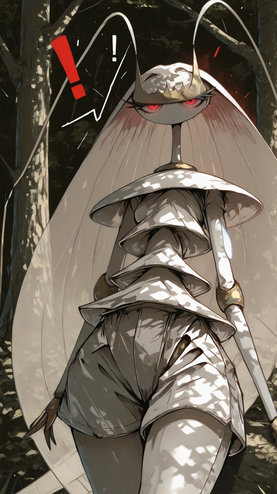 ((Pheromosa from Pokemon)), White Body,white misty forest Background,Wide Hips, Thin Waist, Very Thin Waist, ((Wasp Waist)), Solo, vibrant colors, cel shading, Simplistic Art Style, solo, (red single exclamation mark:1.5),((glowing red eyes:1.4)),(oyabun),look at viewer,((over view ))
,