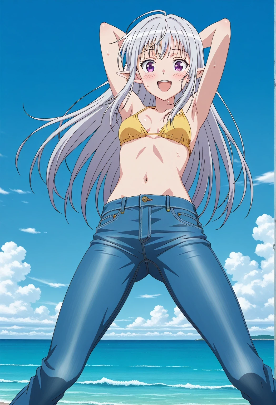 score_9, score_8_up, score_7_up, source_anime, highres, hi res, ((best quality, top quality, perfect quality, Highest Quality, amazing quality)), {{masterpiece}}, {{an extremely delicate and beautiful}}, 2d, intricate details, official style, anime, 8k, anime style, official_anime, official art, digital painting, cell shading, soft shading, high resolution, soothing tones, Subdued Color, Soft cinematic light, adobe lightroom, photolab, HDR, intricately and hyper-detailed, ((high quality animation)), 1 girl, Alone, solo, ((ocean)), tsunami, on the water, day, sunny, outdoors, sky, windy, mariabelle, long hair, purple eyes, white hair, grey hair, pointy ears, elf, anime screencap, small breasts, yellow bikini top, best quality, hyper-detailed jeans, ((blue jeans:1.9)), (dark blue jeans:0.6), full medium body, medium shot, Open mouth, smiling, happy face, blush, sweat, standing, ((arms behind head:6.0)), bowlegged, jumping pose, action, looking at viewer, spread legs, Bend knees slightly, straight-on front view