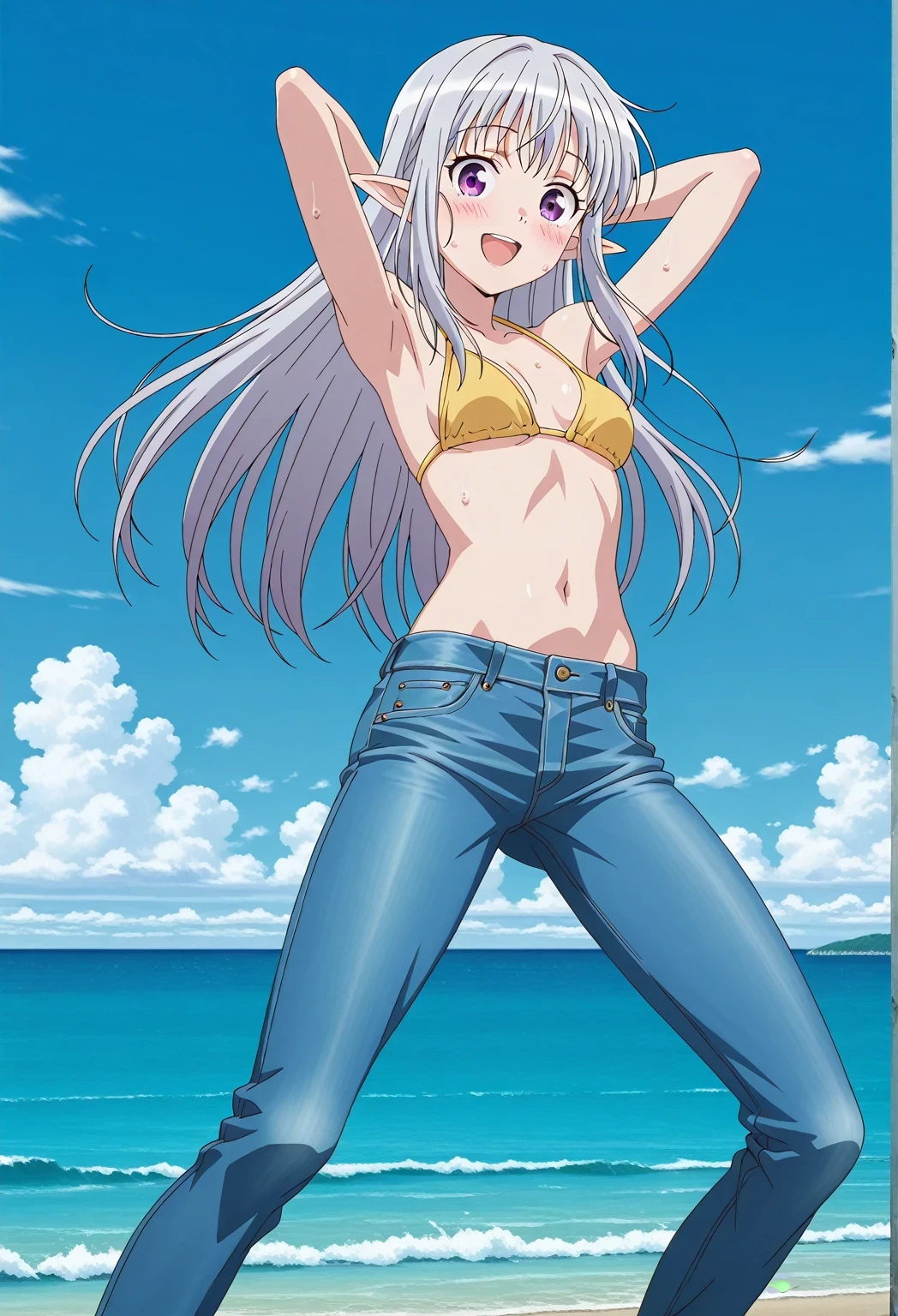 score_9, score_8_up, score_7_up, source_anime, highres, hi res, ((best quality, top quality, perfect quality, Highest Quality, amazing quality)), {{masterpiece}}, {{an extremely delicate and beautiful}}, 2d, intricate details, official style, anime, 8k, anime style, official_anime, official art, digital painting, cell shading, soft shading, high resolution, soothing tones, Subdued Color, Soft cinematic light, adobe lightroom, photolab, HDR, intricately and hyper-detailed, ((high quality animation)), 1 girl, Alone, solo, ((ocean)), tsunami, on the water, day, sunny, outdoors, sky, windy, mariabelle, long hair, purple eyes, white hair, grey hair, pointy ears, elf, anime screencap, small breasts, yellow bikini top, best quality, hyper-detailed jeans, ((blue jeans:1.9)), (dark blue jeans:0.6), full medium body, medium shot, Open mouth, smiling, happy face, blush, sweat, standing, ((arms behind head:6.0)), bowlegged, jumping pose, action, looking at viewer, spread legs, Bend knees slightly, straight-on front view