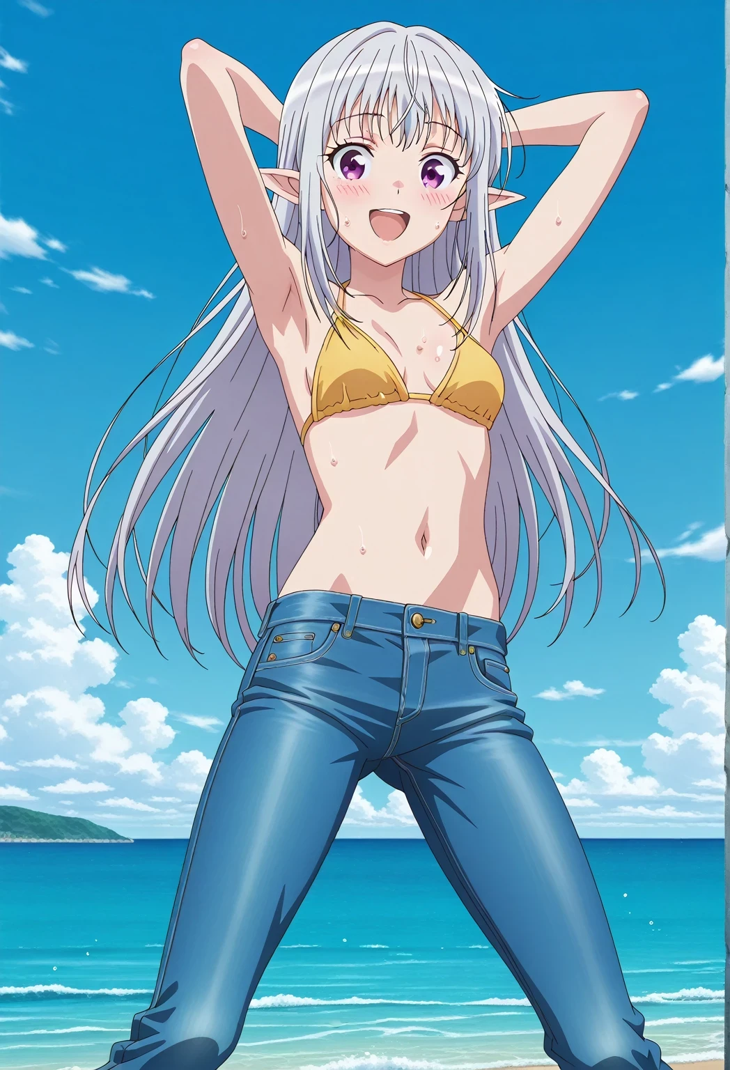 score_9, score_8_up, score_7_up, source_anime, highres, hi res, ((best quality, top quality, perfect quality, Highest Quality, amazing quality)), {{masterpiece}}, {{an extremely delicate and beautiful}}, 2d, intricate details, official style, anime, 8k, anime style, official_anime, official art, digital painting, cell shading, soft shading, high resolution, soothing tones, Subdued Color, Soft cinematic light, adobe lightroom, photolab, HDR, intricately and hyper-detailed, ((high quality animation)), 1 girl, Alone, solo, ((ocean)), tsunami, on the water, day, sunny, outdoors, sky, windy, mariabelle, long hair, purple eyes, white hair, grey hair, pointy ears, elf, anime screencap, small breasts, yellow bikini top, best quality, hyper-detailed jeans, ((blue jeans:1.9)), (dark blue jeans:0.6), full medium body, medium shot, Open mouth, smiling, happy face, blush, sweat, standing, ((arms behind head:6.0)), bowlegged, jumping pose, action, looking at viewer, spread legs, Bend knees slightly, straight-on front view