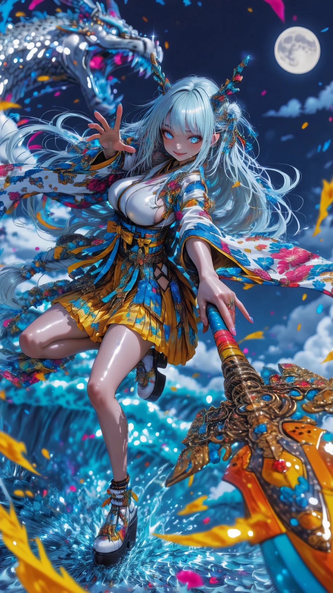 32K,Highest Quality、Maximum resolution,masterpiece,beautiful顔, shiny skin ,smiling Yang      ,favorite face ,1girl, solo, Amazing long hair, blue hair,knee-high, battle pose(  Amazing),weapons, ,cloud, Moon, and big waves , battle pose, curved platform shoes,            Black Reaper            , ホワイトknee-high, Flower, Flowerプリント, in、plantar shoes, viewers, lips, dress, white kimono, blue kimono,yellow skirt,  dragon , Perfect Finger(5 fingers),hair jewelry , , full body , all, blurred background、people々rimless、ビューアrimlesssea 、soft big boobs 、powerful female warrior、A spear shines、from above、Hide with right arm、curved platform shoes swaying down at a dynamic angle, , Limited palette,colorful , , (dynamic movement getting closer to the goal、motion blur:1.2)、dramatic action pose、dynamic movement getting closer to the goalで、beautiful, vivid, and powerful splashes、(on a blue background :1.2)is very cool、 Sakura Fubuki、cloud,Big Wave Splashes Surrounding the Moon,月明かりに照らされたbeautiful肌,battle pose