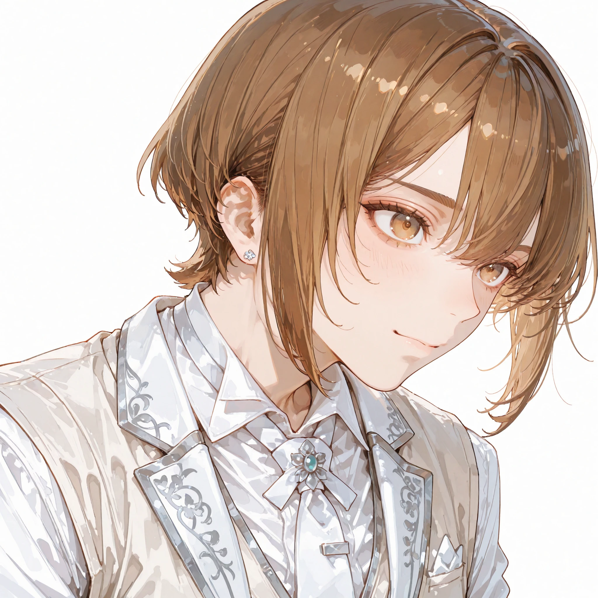 absurdres, highres, ultra detailed, HDR, master piece, best quality, extremely detailed, detailed eyes, Eiden, brown hair, expressive brown eyes, Nu Carnival, solo,  man, handsome, , , fantasy, accessories, light-blue dress, long white gloves, Cinderella, spring, flowers, green leaves, magical garden, white fantasy, petals, night