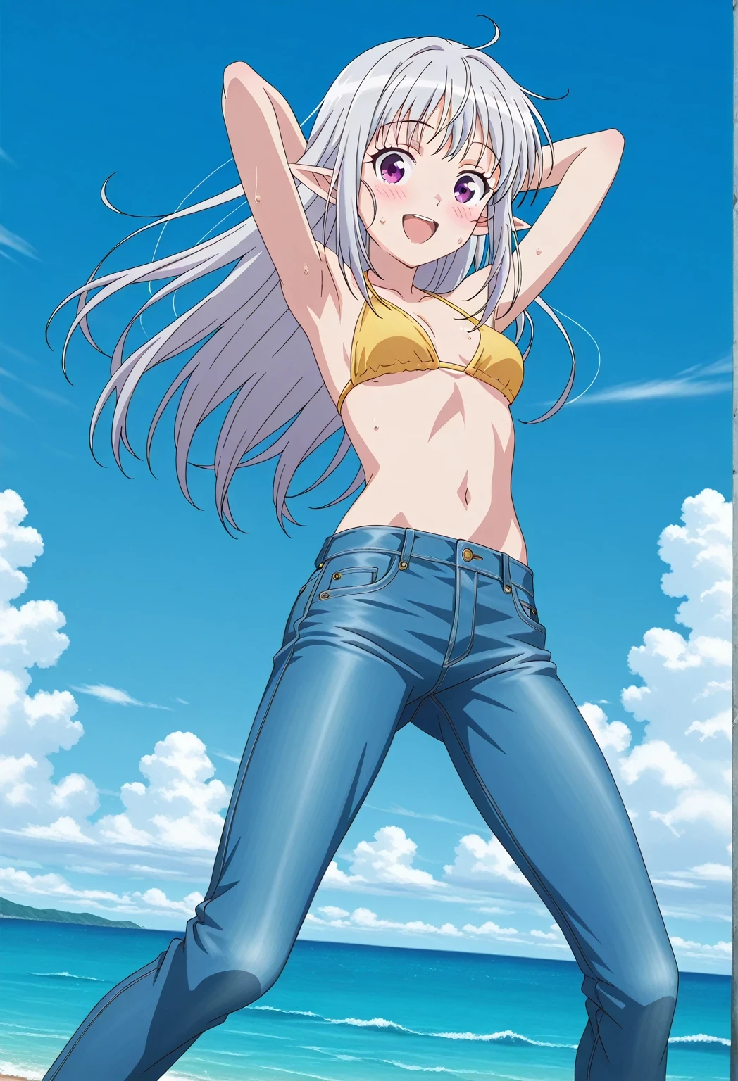 score_9, score_8_up, score_7_up, source_anime, highres, hi res, ((best quality, top quality, perfect quality, Highest Quality, amazing quality)), {{masterpiece}}, {{an extremely delicate and beautiful}}, 2d, intricate details, official style, anime, 8k, anime style, official_anime, official art, digital painting, cell shading, soft shading, high resolution, soothing tones, Subdued Color, Soft cinematic light, adobe lightroom, photolab, HDR, intricately and hyper-detailed, ((high quality animation)), 1 girl, Alone, solo, ((ocean)), tsunami, on the water, day, sunny, outdoors, sky, windy, mariabelle, long hair, purple eyes, white hair, grey hair, pointy ears, elf, anime screencap, small breasts, yellow bikini top, best quality, hyper-detailed jeans, ((blue jeans:1.9)), (dark blue jeans:0.6), full medium body, medium shot, Open mouth, smiling, happy face, blush, sweat, standing, ((arms behind head:6.0)), bowlegged, jumping pose, action, looking at viewer, spread legs, Bend knees slightly, straight-on front view
