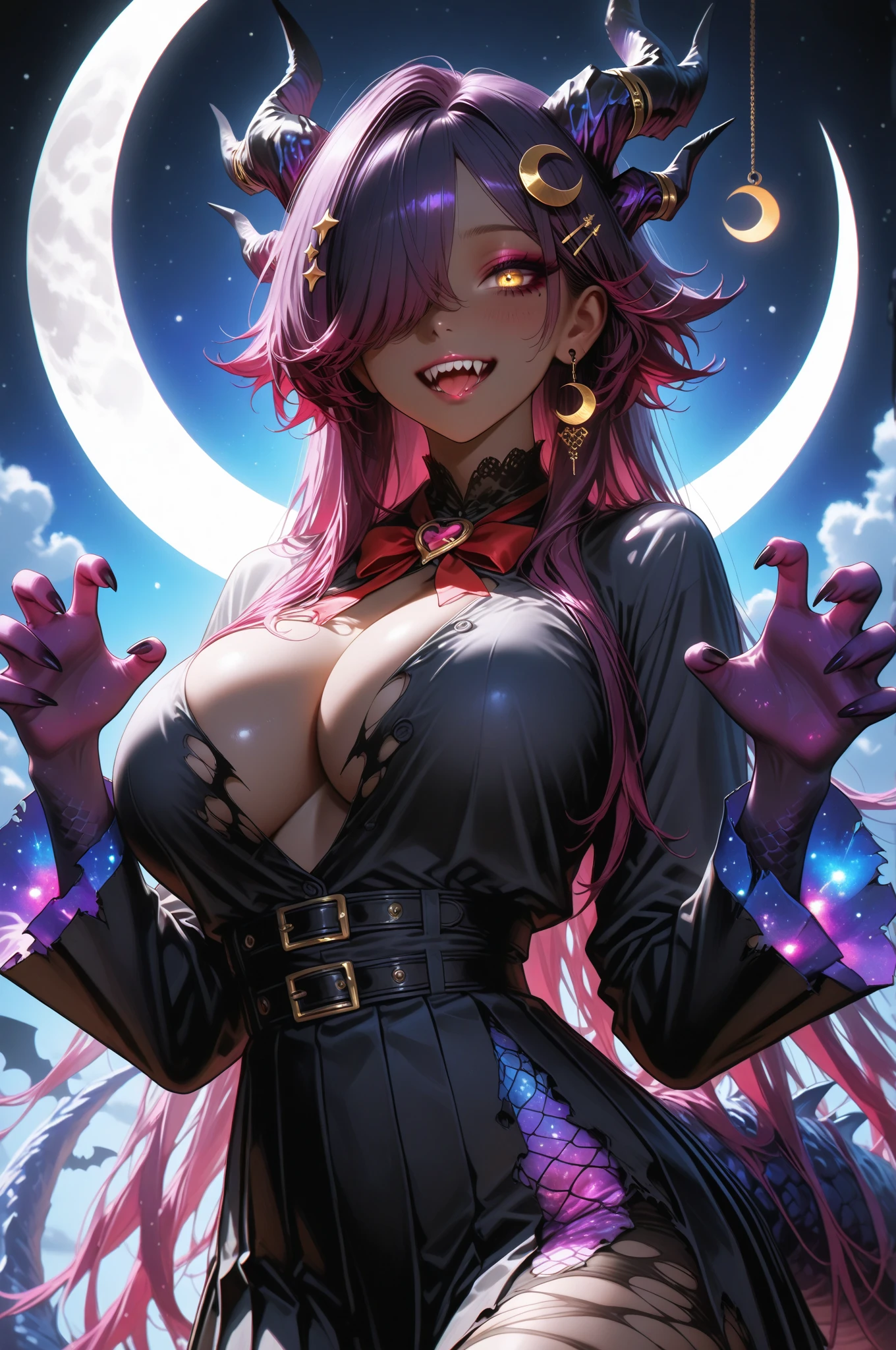 (Masterpiece, Best Quality), ((1 girl, (mature woman) wide), (star-shaped pupils,  +_+, symbol-shaped pupils, sparkling eyes), (cat ears, open your mouth open)), (looking at the viewer, light smile, off the shoulder), (abstract, multicolor background, abstract background, chromatic aberration),