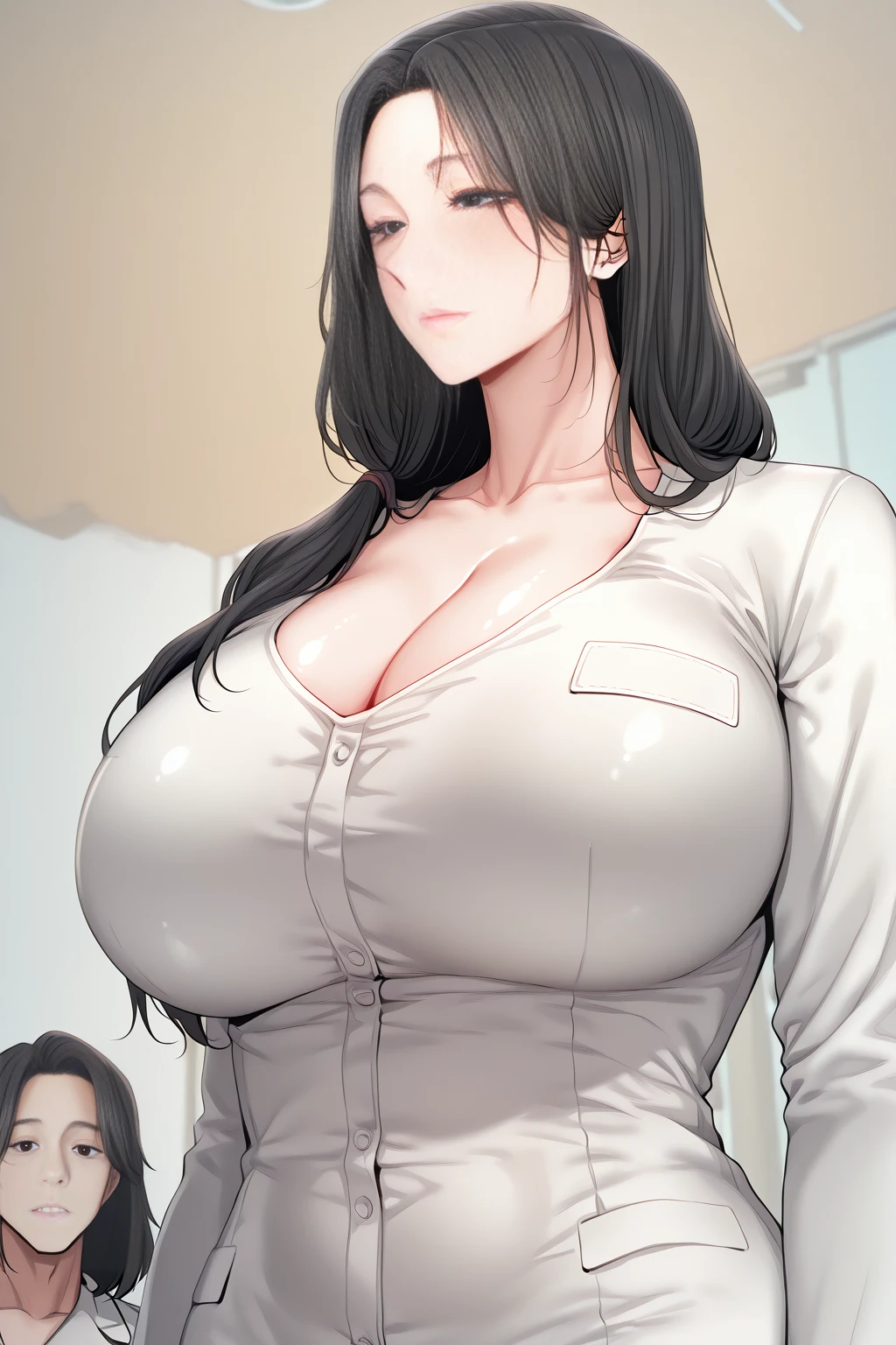 disgusted look, angry, busty, ???????????, massive ???????, pov eye contact, looking at viewer, thick, cleavage, thick lips, wide ????, thin waist, staring down at viewer, mature mom, yelling at viewer