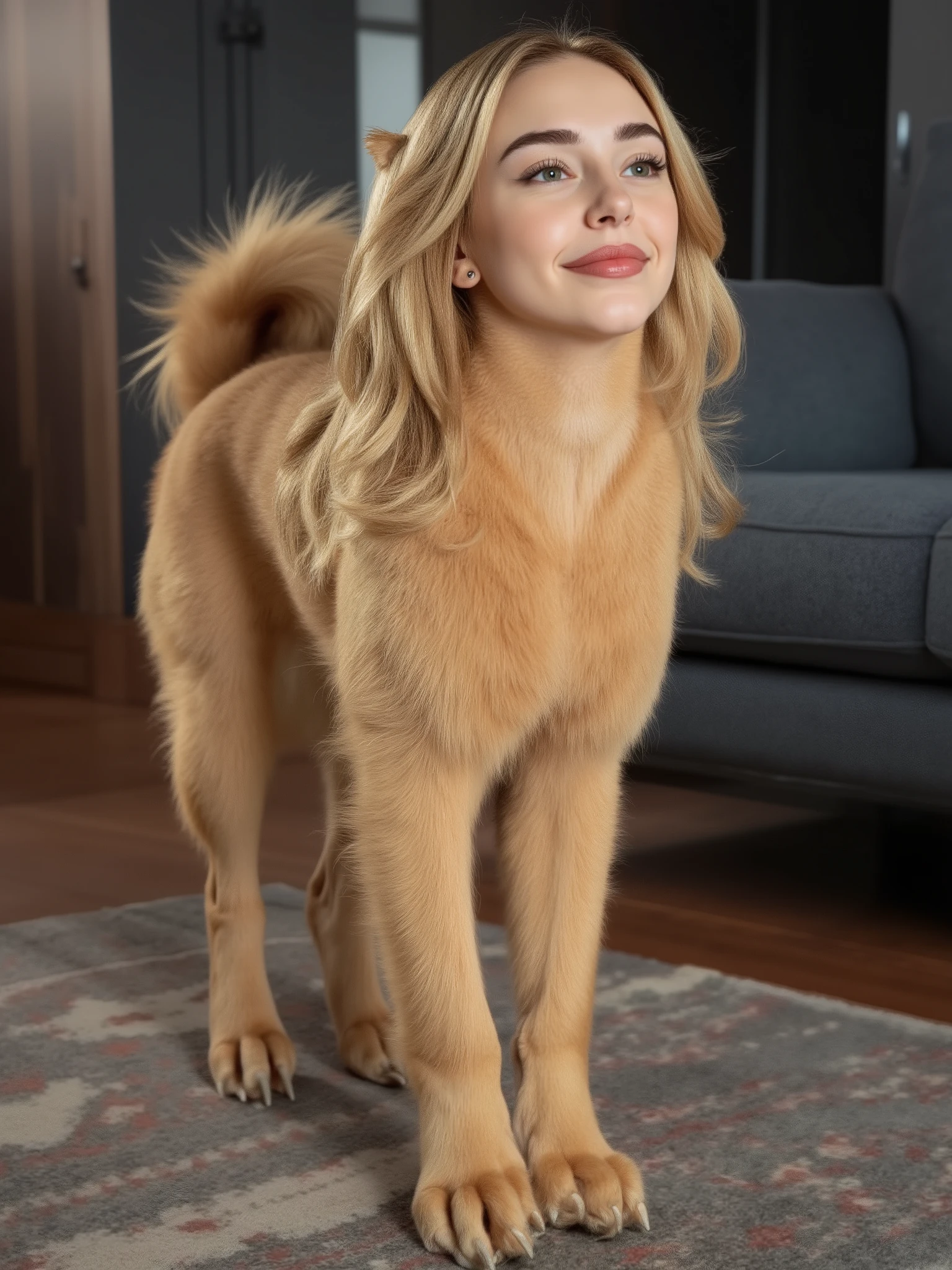 (masterpiece, high quality, high resolution hairstyle, hyperrealistic photograph), Majestic anthropomorphic female dog, hybrid creature standing on the ground on its four legs, humanized canine anatomy in an elegant posture, beautiful female face with delicate features, long, silky blond hair that falls on the shoulders, canine ears that crown their head, bright and expressive canine eyes, body completely covered with a soft and shiny coat, long and graceful tail moving to maintain balance, height proportional to an adult woman, defined canine muscles under the coat, proud and elegant posture, Flirty and happy. Modern home interior, LED lighting that creates dramatic shadows and contrasts, detailed realistic textures, perfect details of hair and skin, 8K, professional lighting , balanced composition, depth of field