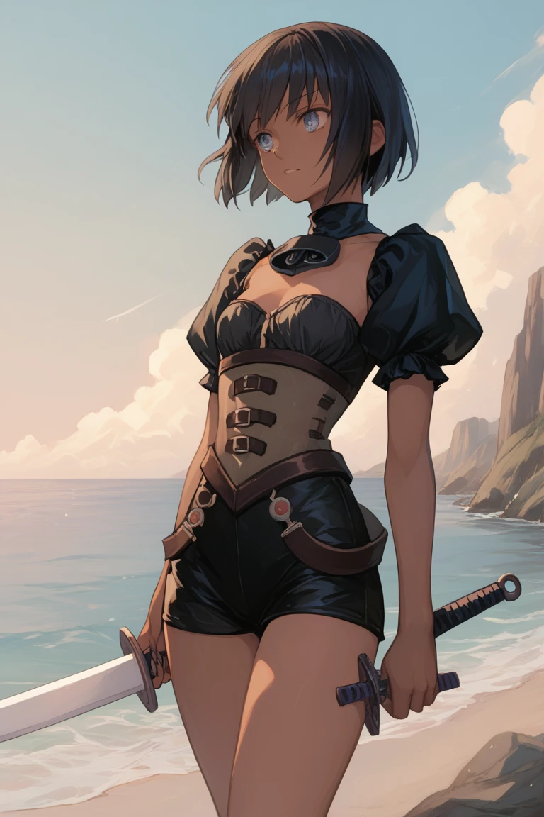 1girl, abdominals, armpits, black_bra, black_hair, blue_sky, bra, ???????, construction, neckline, cloud, day, large_???????, ?????????????, looking_at_viewer, navel, outdoor, micro panties, ????? panties, short_hair, sky, smile, solo, thighs, toned, fit body, perfect body, muscular!, Lady, dmc, chubby ????, prancing ???, plump ????, Ilya Kuvshinov,Yusuke Murata style,  ??????,