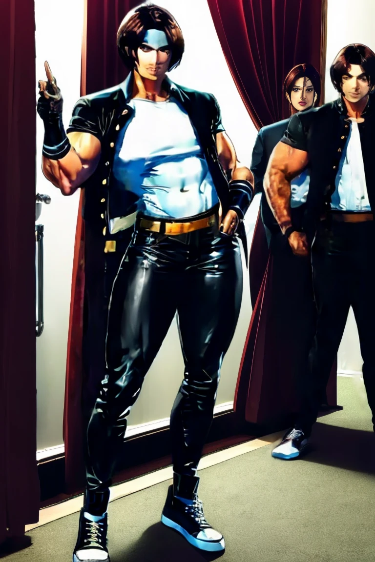 Several characters on scene (a doctor, several deformed men). A doctor, exaggeratedly muscular, black and white hair, black eyes, white pupils, scars on his face, swollen lips, masculine face, maniacal smile, obscene expression, sweaty, oily skin, huge chest, muscular thighs, huge biceps, huge bulge in the crotch, wearing a white medical coat, rectangular glasses, black dress pants (tight), black dress shoes. It is a dirty hospital (walls stained red), with several deformed (muscular) men, bare backs, empty expressions, caressing themselves in a sexy way.