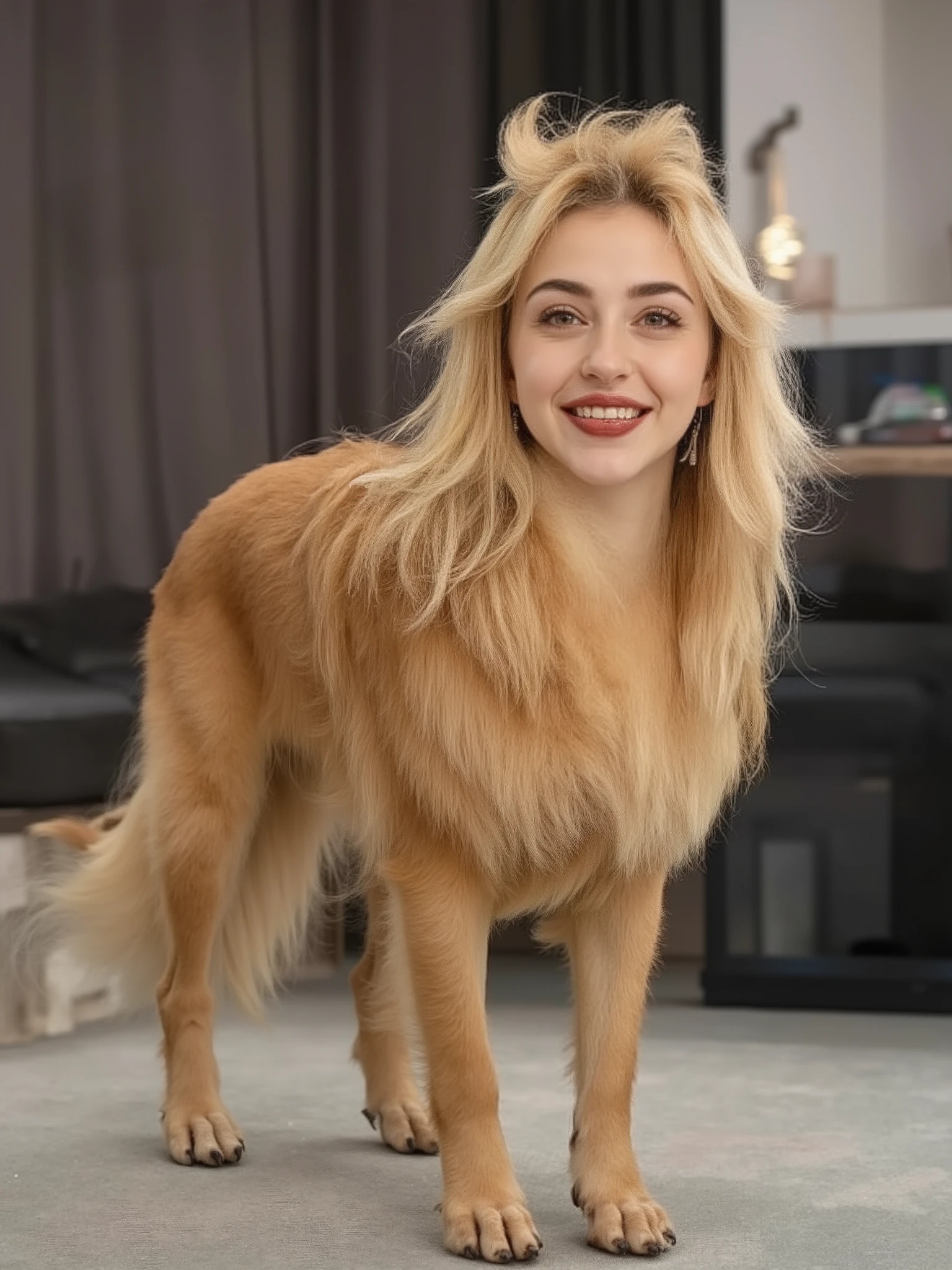 (masterpiece, high quality, high resolution hairstyle, hyperrealistic photograph), Majestic anthropomorphic female dog, hybrid creature standing on the ground on its four legs, humanized canine anatomy in an elegant posture, beautiful female face with delicate features, long, silky blond hair that falls on the shoulders, canine ears that crown their head, bright and expressive canine eyes, body completely covered with a soft and shiny coat, long and graceful tail moving to maintain balance, height proportional to an adult woman, defined canine muscles under the coat, proud and elegant posture, Flirty and happy. Modern home interior, LED lighting that creates dramatic shadows and contrasts, detailed realistic textures, perfect details of hair and skin, 8K, professional lighting , balanced composition, depth of field