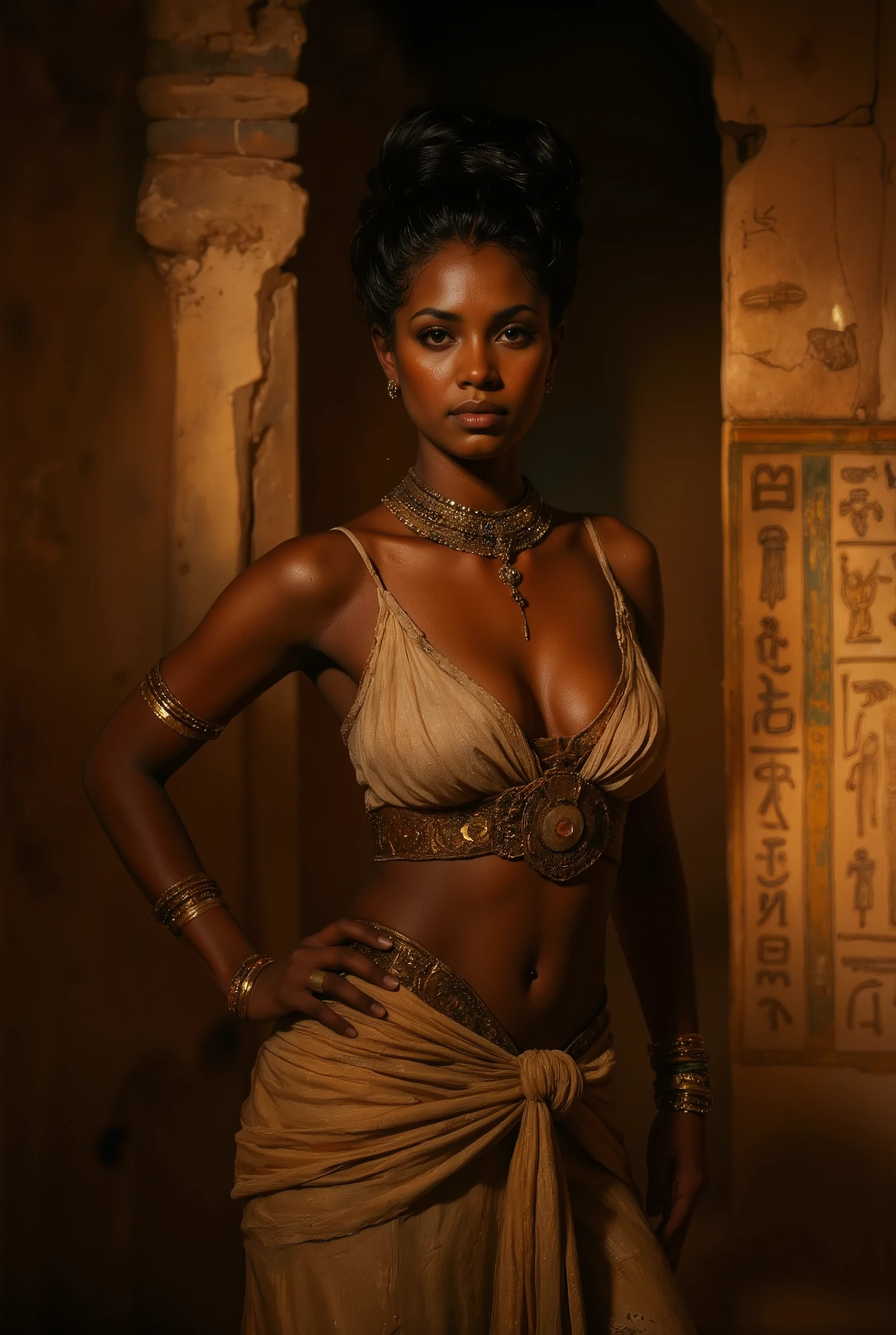 In the dimly lit, ancient temple interior, a 40-years-old Egyptian priestess of Seth, the Snake God, gazes directly at the viewer with cold intensity. Her dark skin glistens under the warm glow of torchlight, accentuating her figure. Woman has raven black hair pinned up in elegant updo. Dark brown eyes emanate authority as she wears outfit that showcases her curvaceous figure. Woman exudes confidence and authority. The air is thick with mystique as she stands amidst intricate hieroglyphics, her presence radiating an otherworldly charm.