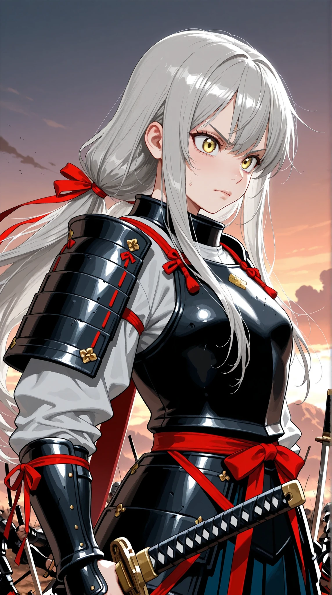 8K (high resolution) (Super Detailed) (masterpiece) (Highest Quality) Best quality Anime Illustration detailed eyes detailed face Feminine detailed hand Delicate hair detailed wrinkles on clothes with fine skin detailed background solo yellow eyes (Grey Hair) Long hair tie the back of the hair with a red ribbon bungs (small breasts) flushed cheeks Brandishing a Japanese sword, Strong Poses, Traditional Armor, Light reflected on the sword, Sharp Blade, Determined Expression, battlefield, Twilight Sky, Dramatic Lighting, tense atmosphere, historical background, misty landscape