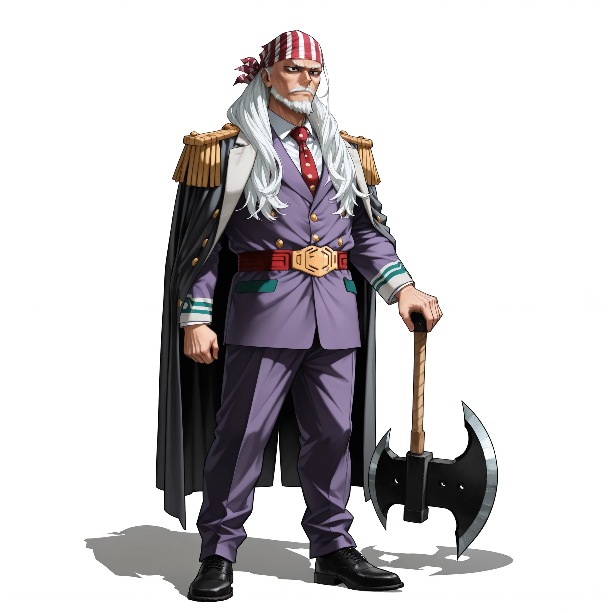 (male), (old man), (modern long hairstyle, white hair), (white beard), (black eyes), (serious face), (standing pose), (solo), (single character), (full body version), (white background), (no background), (highly detailed), (shadow), (natural light), (detailed outfit), (detailed hand), (detailed face), (detailed hair)  
Wearing a white justice coat draped over the shoulders with golden epaulets, striped white and purple formal suit, dark tie, black formal shoes, holding big axe  in one hand. (Boku no Hero academia style art), bandana on neck 