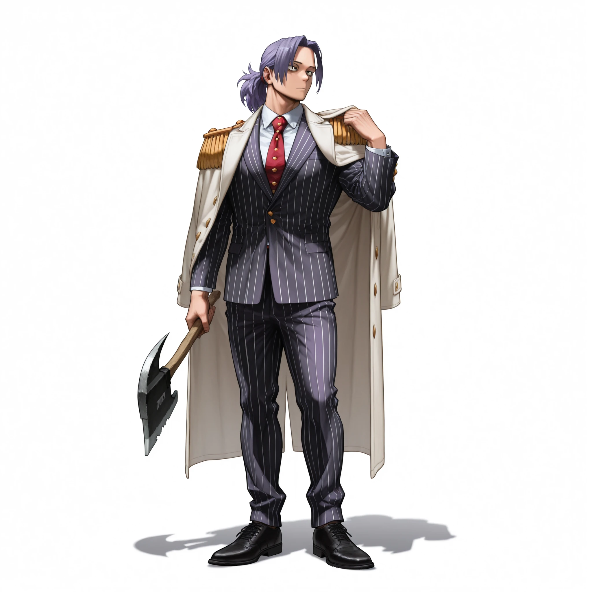 (male), (man), (modern mullet hairstyle, purple hair, ponytail), (black eyes), (standing pose), (solo), (single character), (full body version), (white background), (no background), (highly detailed), (shadow), (natural light), (detailed outfit), (detailed hand), (detailed face), (detailed hair)  
Wearing a white justice coat draped over the shoulders with golden epaulets, striped white and purple formal suit, dark tie, black formal shoes, holding axe in one hand. (Boku no Hero academia style art) 