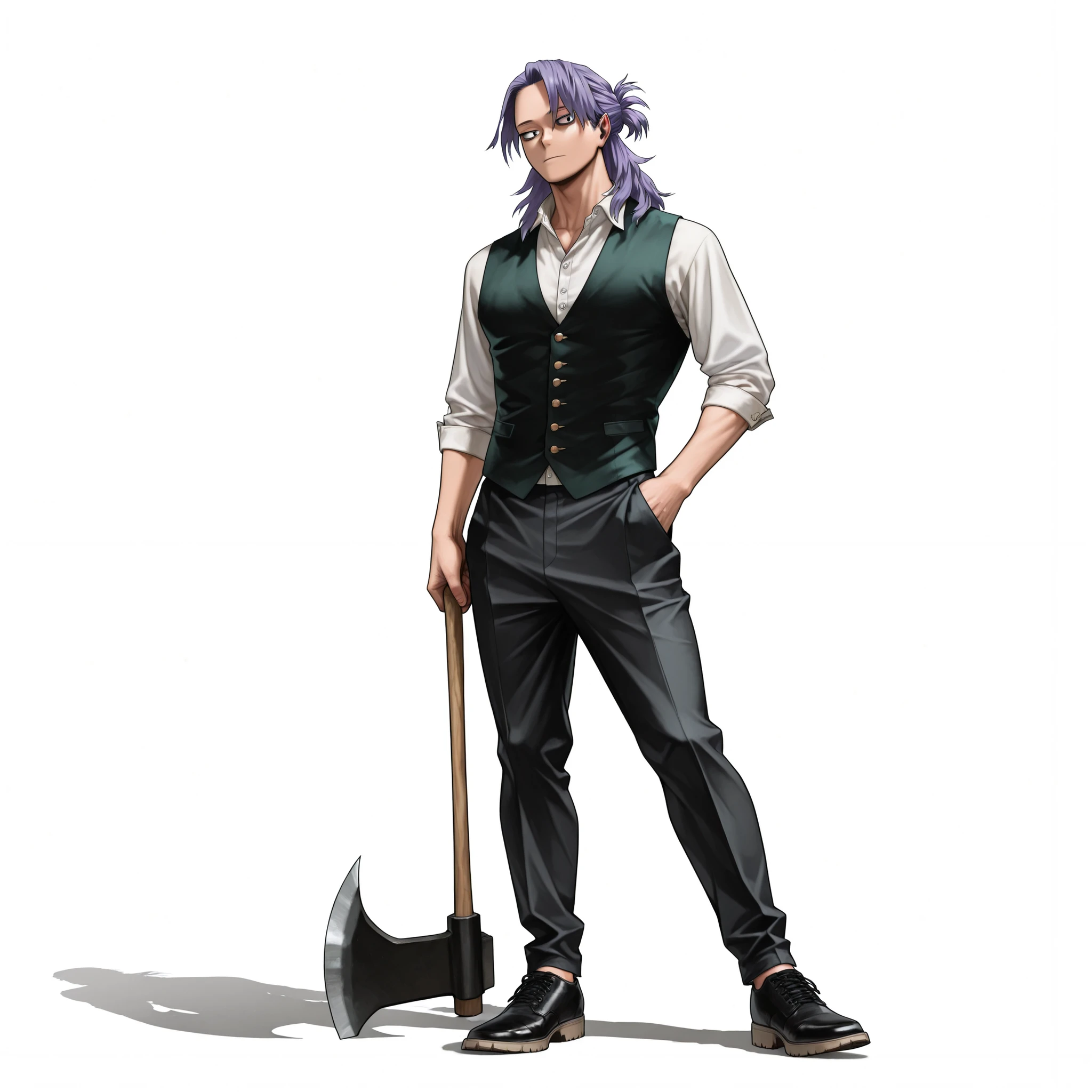 (male), (boy), (modern mullet hairstyle, purple hair), (black eyes), (standing pose), (solo), (single character), (full body version), (white background), (no background), (highly detailed), (shadow), (natural light), (detailed outfit), (detailed hand), (detailed face), (detailed hair)  
Wearing a simple casual formal outfit with a buttoned vest over a plain shirt, dark trousers, black leather shoes, holding axe in one hand. (Boku no Hero academia style art),