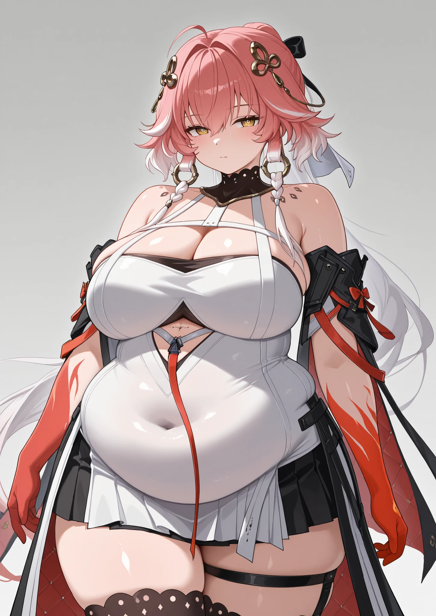 obese,fat,plump,WeightObese,1girl, looking at viewer, changli\(Wuthering Waves\), , tacet mark, body markings, long hair, multicolored hair, pink hair, white hair, hair between eyes, ahoge, braid, ponytail, hair ornament, yellow eyes, large breasts
white dress, detached sleeves, red gloves, single glove, black skirt, pleated skirt, thighs, black thighhighs, thigh strap, bare shoulders, cleavage, (wide hip), (shiny skin), masterpiece, best quality, great quality, very beautiful, Absard Dress,latest,