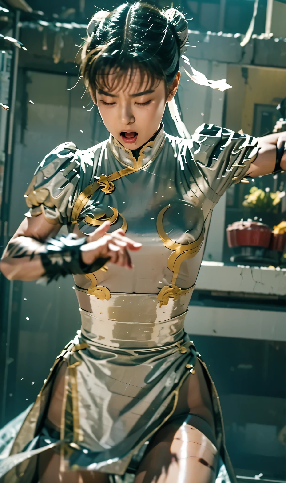 Chunli (silver costume), The attack hit directly, Painみで悲鳴をあげている, Movie, Loud eats, ryona, Major damage, damaged, Injury, Hyperreal, photo real, high image quality, masterpiece, knocked out, , closed eyes, Pain々 apparently , in tatters, 8k, It's like the scene of was blown away in reverse, A tragic tone , Jang Lee lost, expression of suffering,